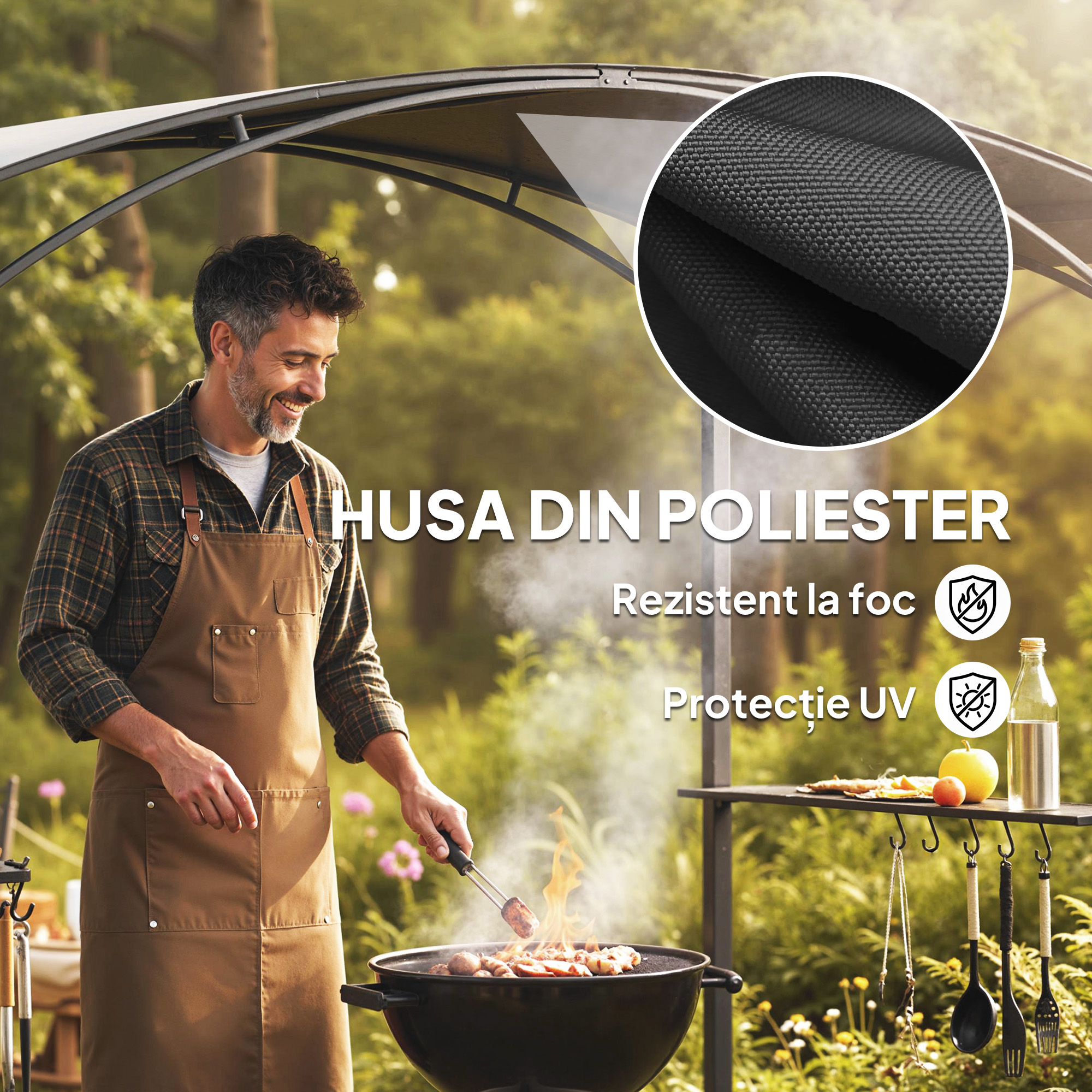  Gazebo pentru Gratar 2.5x1.5 m, Pergola pentru Gratar cu 2 Rafturi Laterale si Carlige, Cadru din Otel si Acoperis din Poliester pentru Gradina, Gri inchis [5]