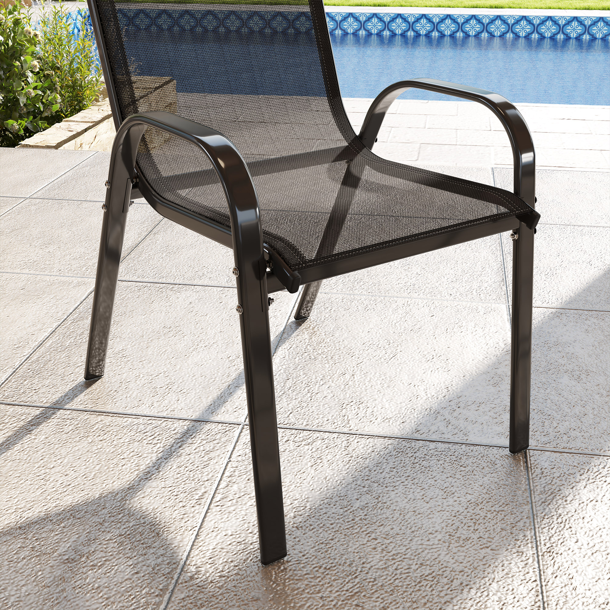  Set de 2 Scaune de Exterior pentru Pranz, Scaune Suprapozabile cu Spatar inalt, Plasa Respirabila pentru Gradina sau Terasa, Negru [7]