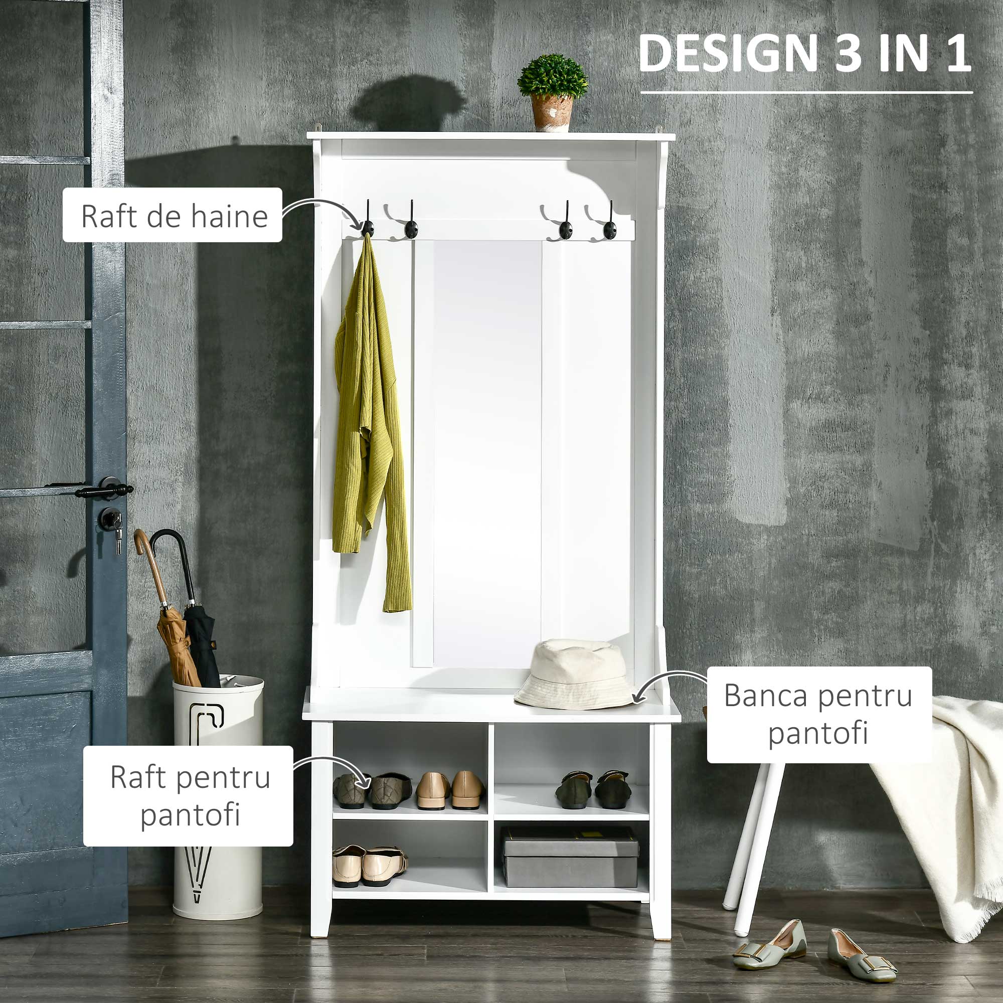  mobilier hol, cuier si oglinda, 80x40x170cm, alb [3]