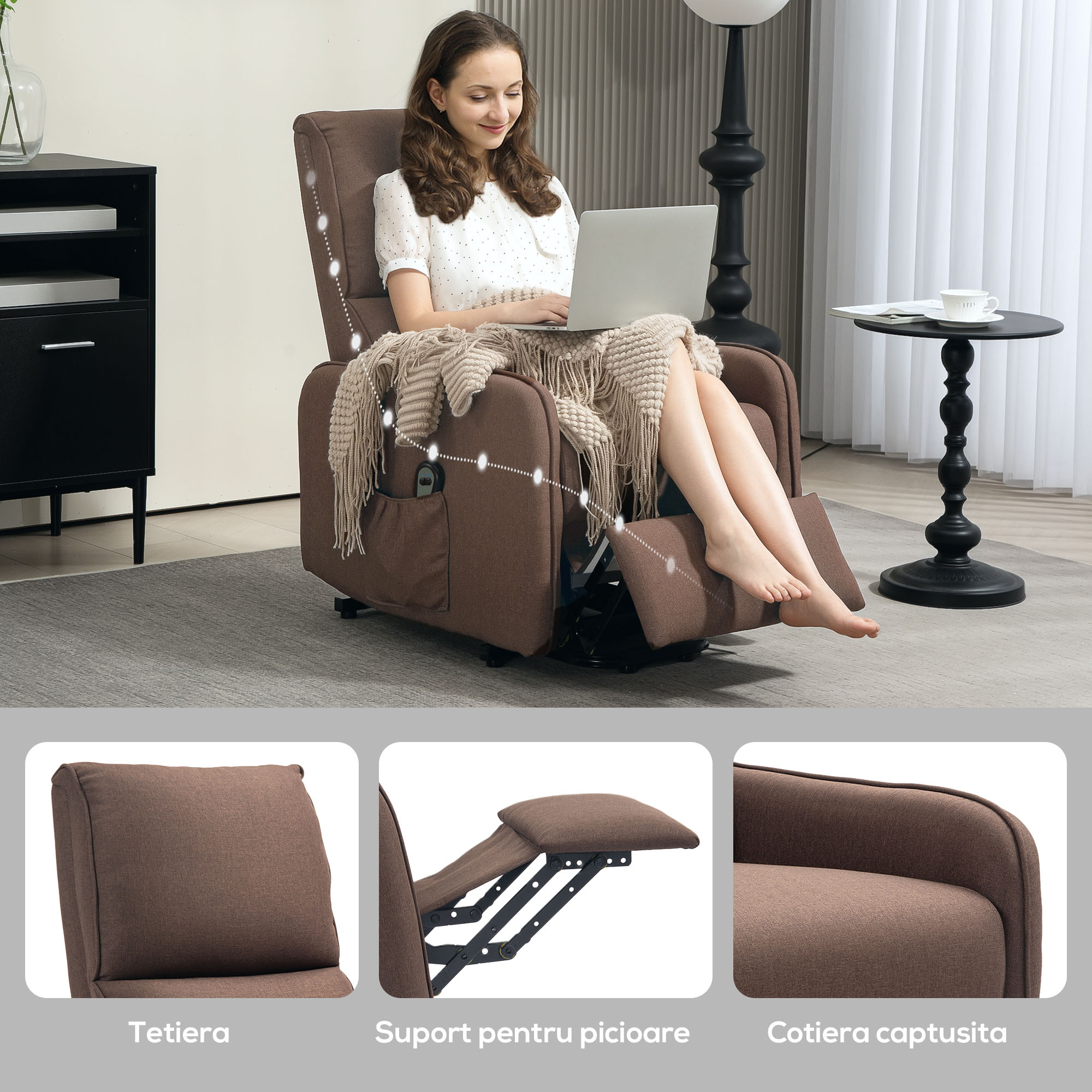  Fotoliu cu Ridicare Asistata Electric Reclinabil cu Telecomanda si Buzunar in Material Textil, Maro inchis [7]