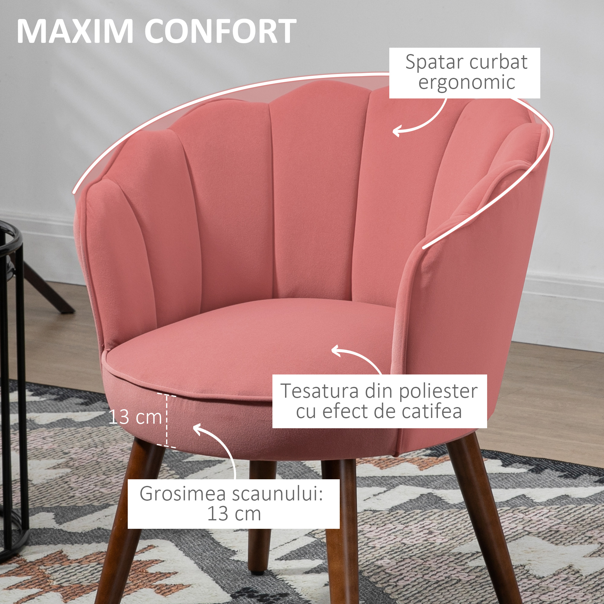  Fotoliu Scoica 66×66×78.5 cm - Catifea Roz cu Picioare Lemn [4]