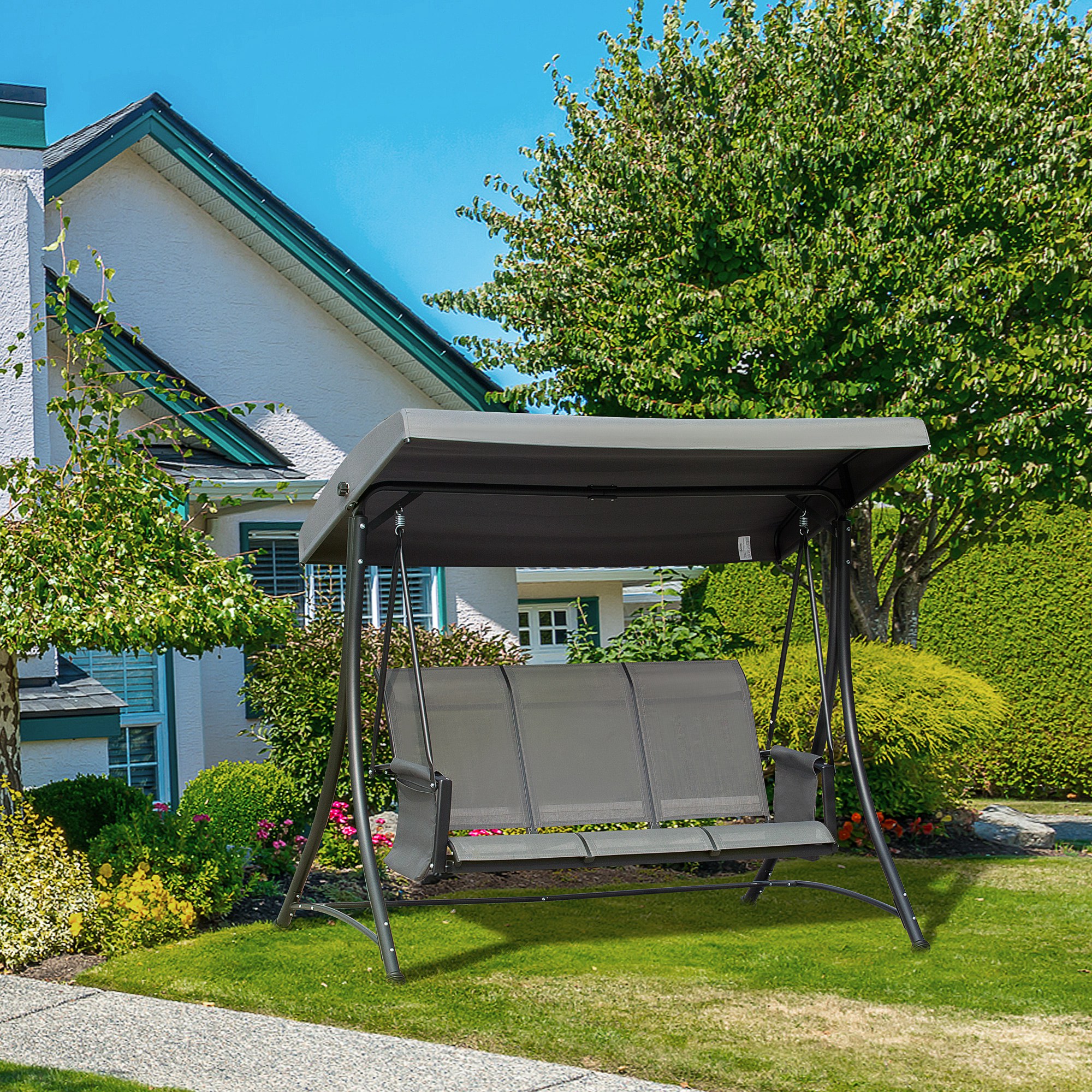  Balansoar de Gradina cu 3 scaune Acoperis si Buzunare de depozitare, Gri [1]