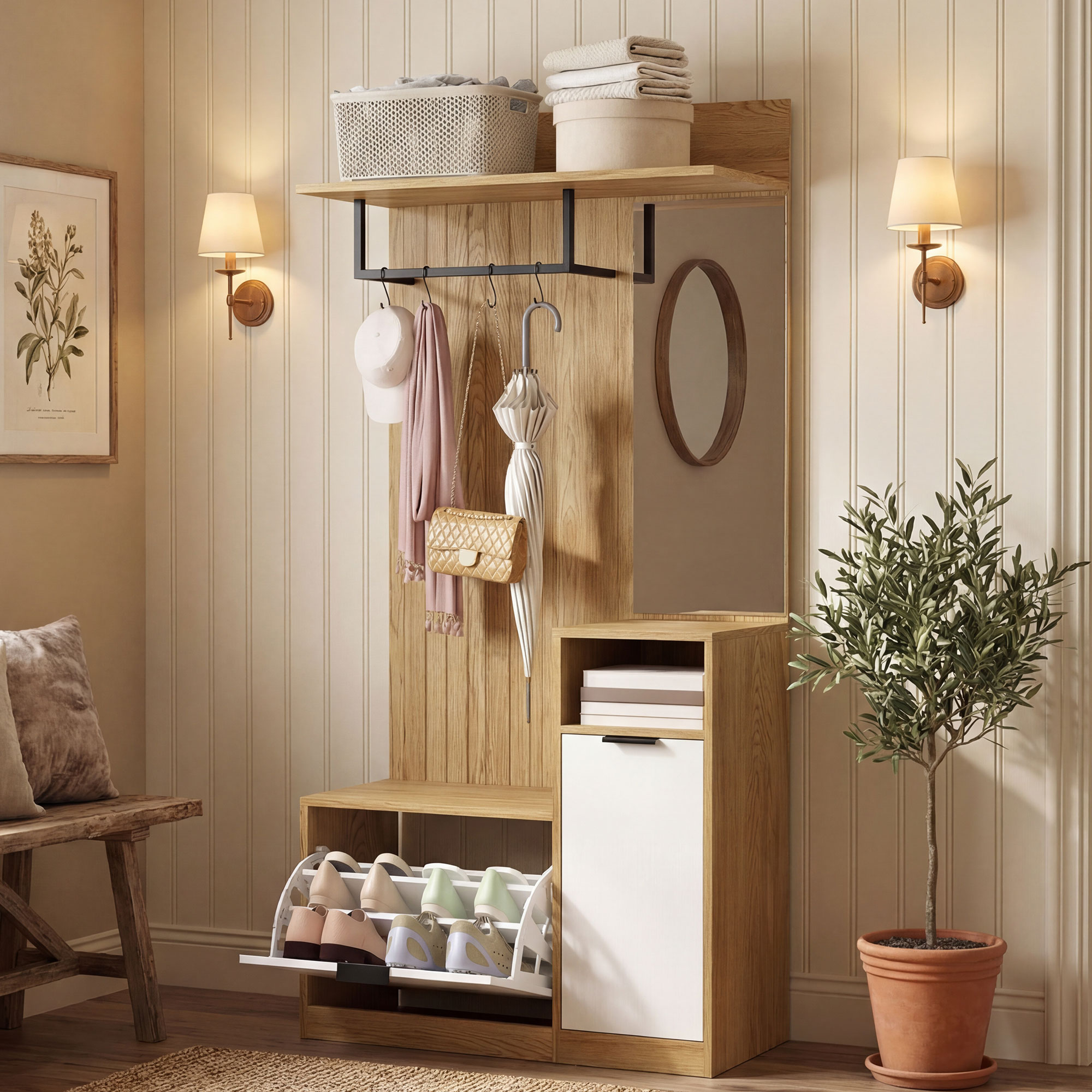  Cuier de Hol cu Bara, 4 Carlige, Banca si Spatiu pentru incaltaminte, Dulap din MDF si Metal, Picioare din Lemn de Cauciuc, Stejar si Alb [7]