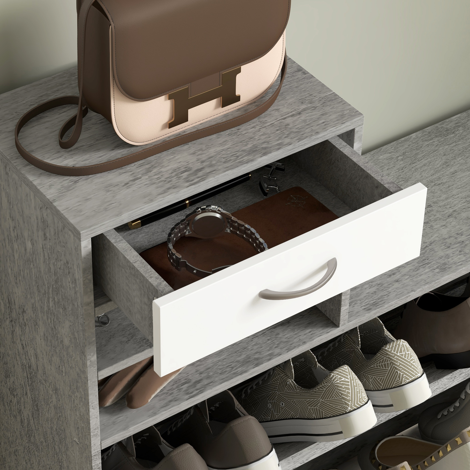  Mobilier pentru Hol cu Raft pentru incaltaminte, Oglinda, 6 Carlige, 2 Rafturi si Sertare, 90x24x177 cm, Gri [7]