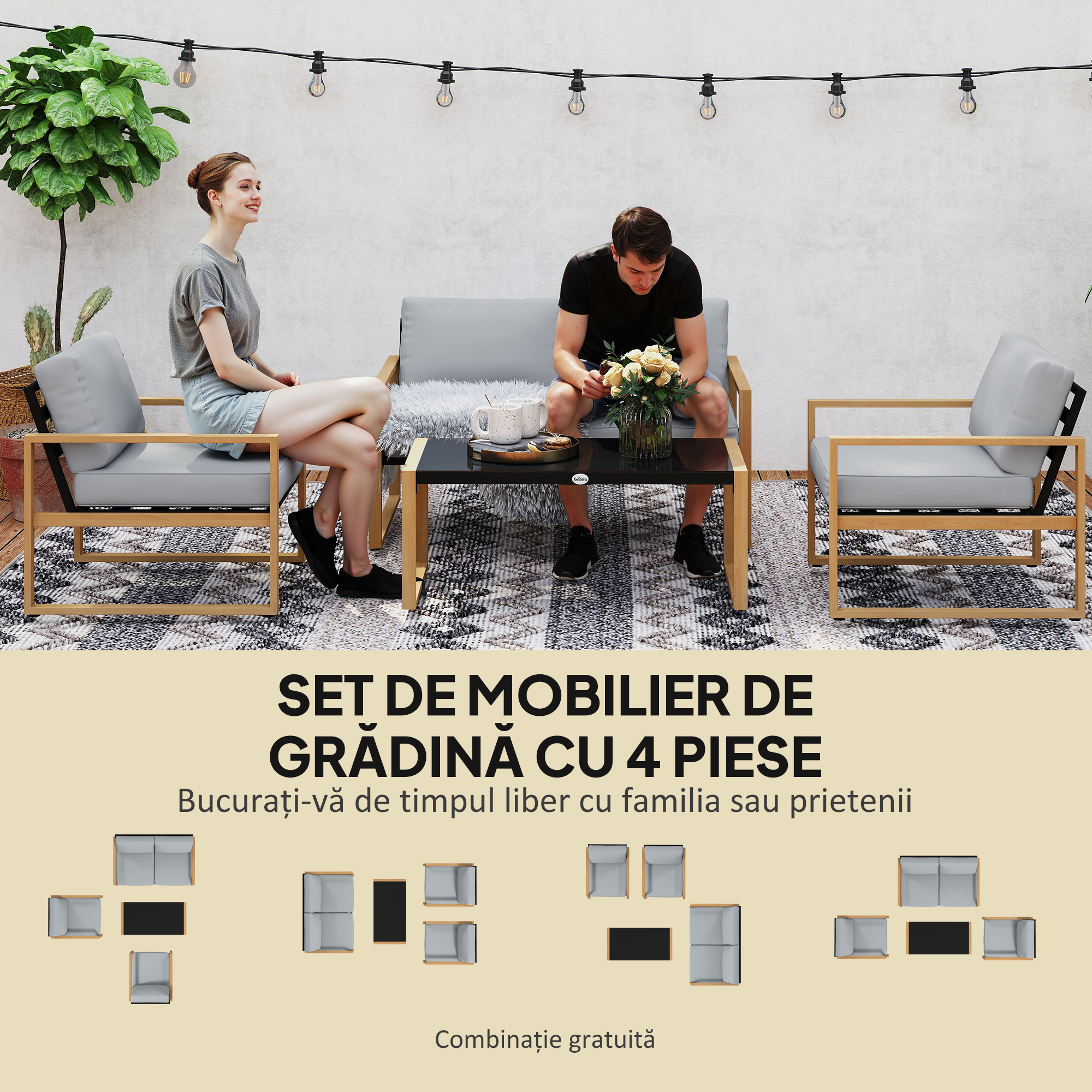 Set de Gradina  4 Piese cu 2 Fotolii, Divan si Masuta, din Aluminiu si Fibra, Gri si Culoare Lemn [3]