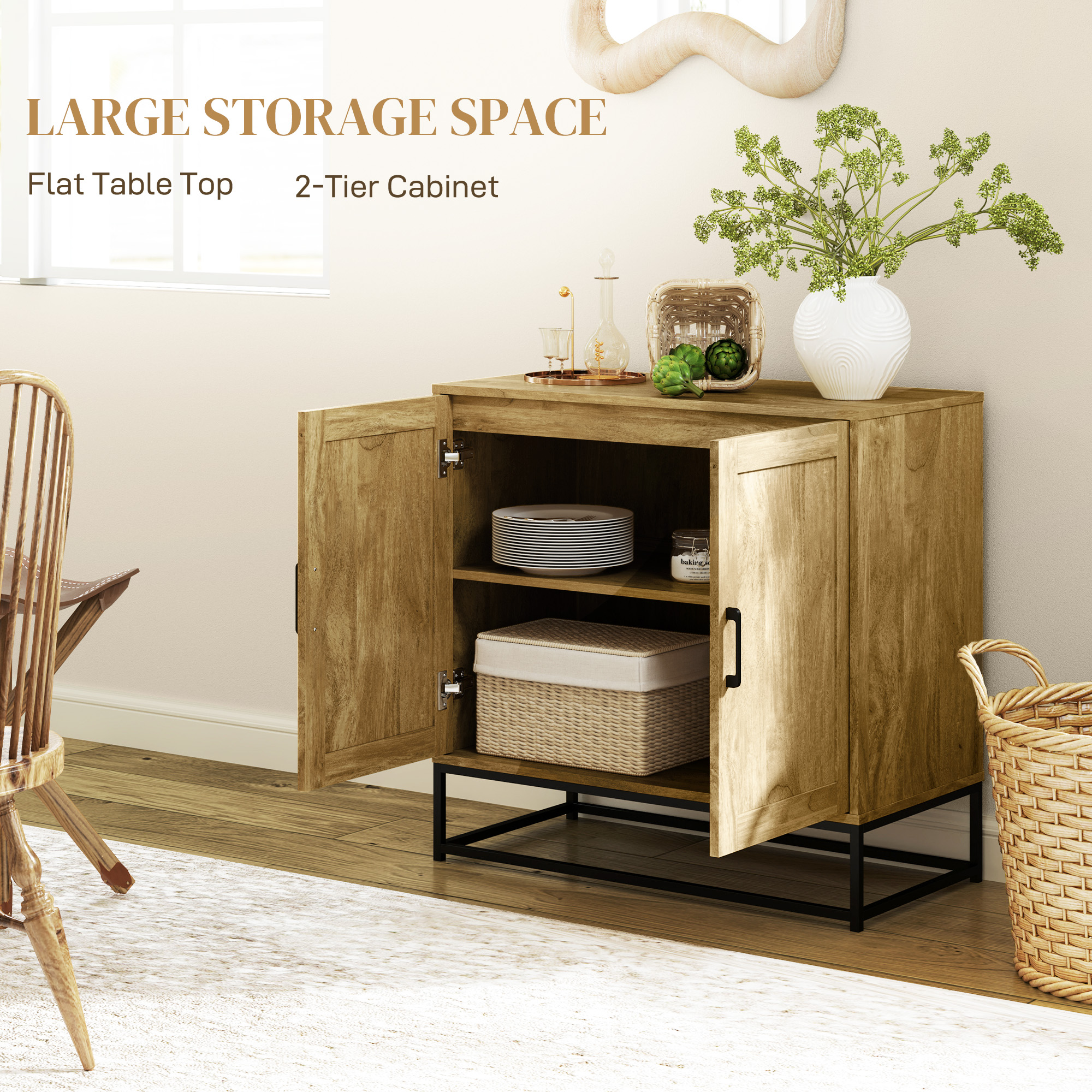  Bufet Bucatarie, Dulap Depozitare cu 2 Nivele si Raft Reglabil, Mobilier Pal Melaminat Lemn Natural, 80×40×78 cm [3]