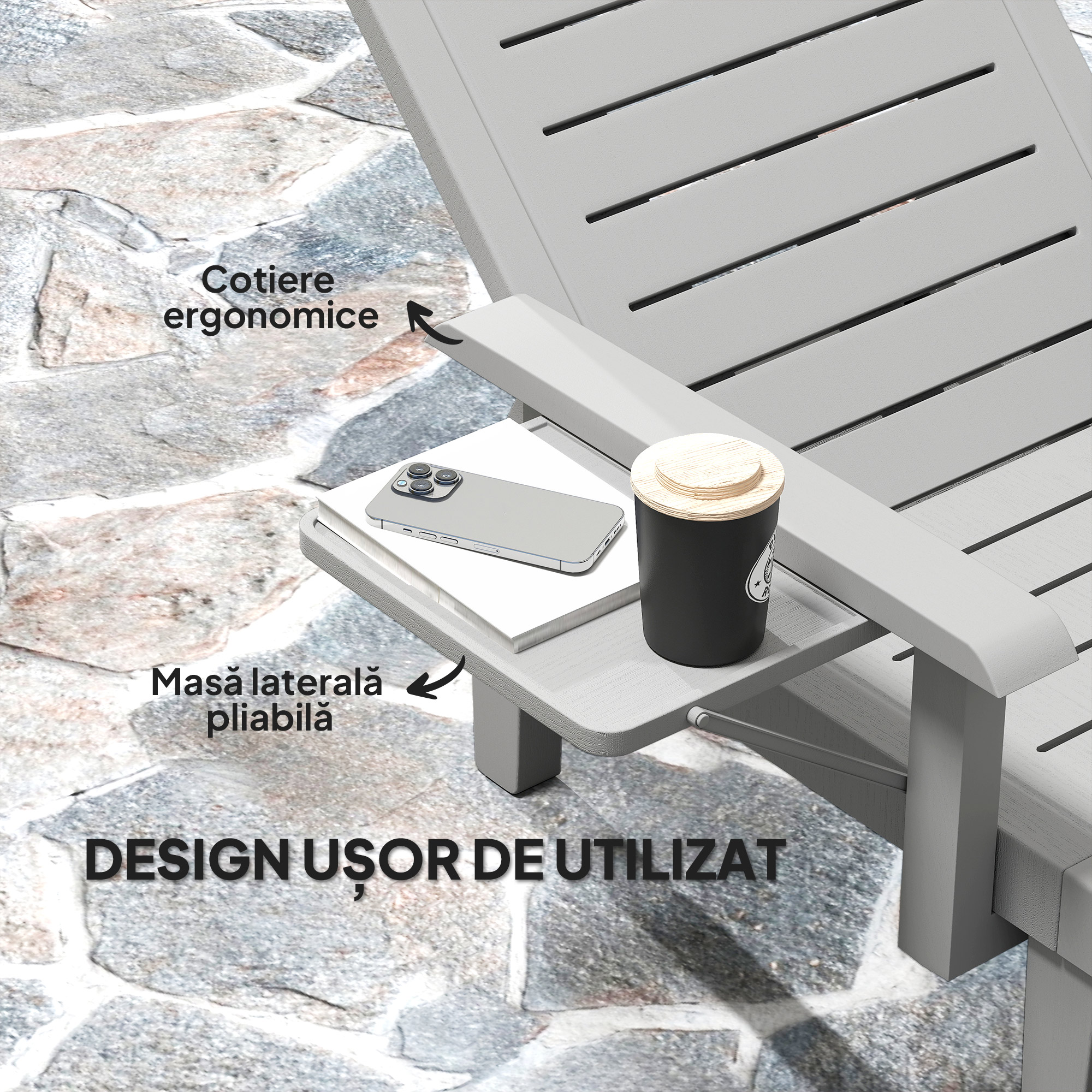  sezlong cu Spatar Reglabil in 5 Pozitii, Masuta si Brate Ergonomice, 79x158x88 cm, Gri [4]