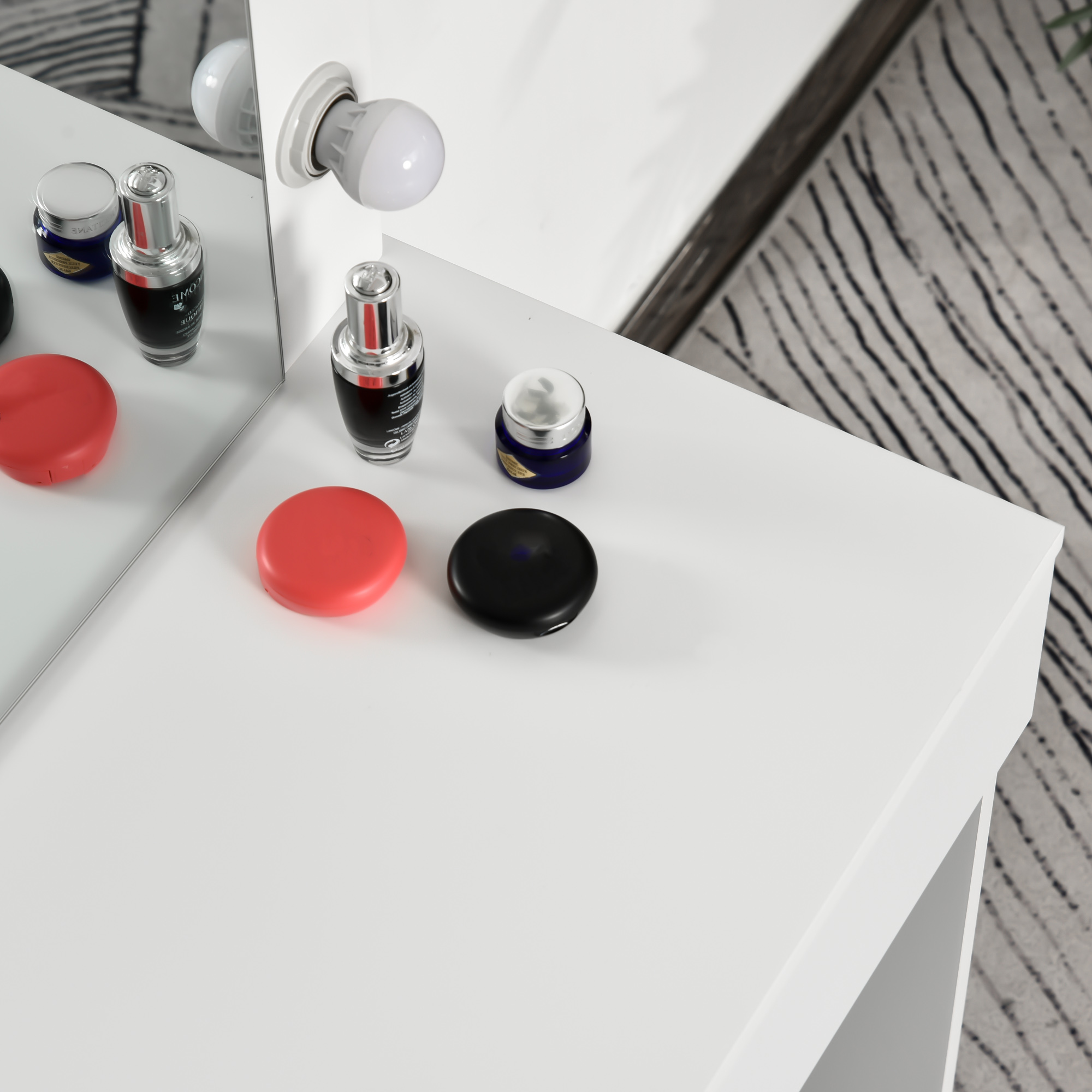  Masa Machiaj cu Oglinda LED 12 Lumini, Set cu Scaun Tapitat si Sertar Spatios, Mobilier pentru Dormitor, 80x40x140 cm, Alb [8]