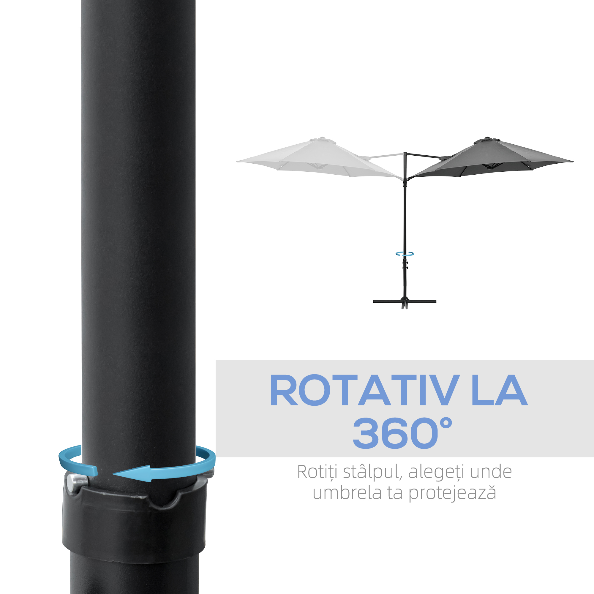  Umbrela de Gradina cu Rotatie la 360°, Brat, Baza in Cruce si Orificiu de Ventilatie, Ø256x245 cm, Gri inchis [4]