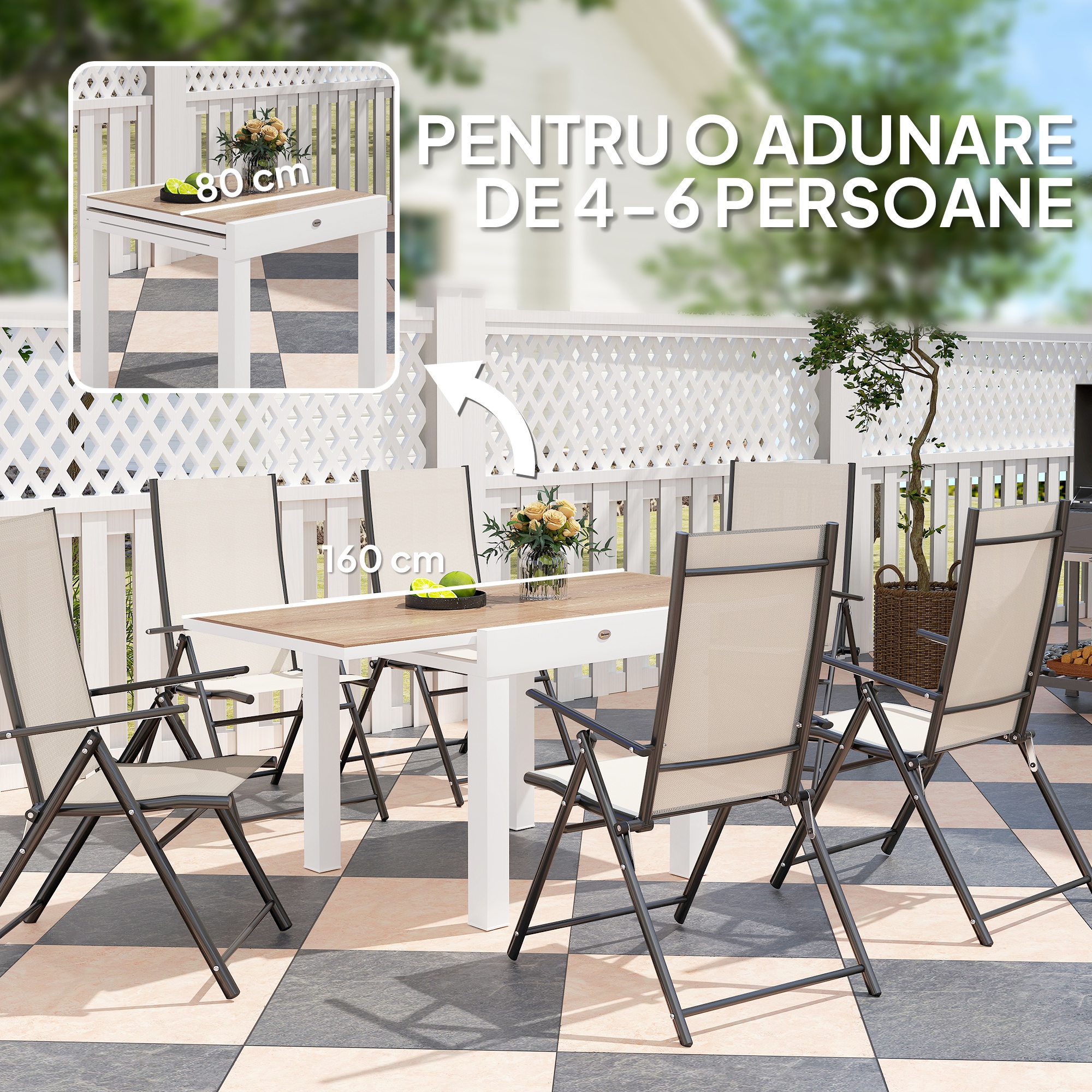  Masa de Gradina Extensibila din Aluminiu cu Blat din PSPC, 80/160x80x75 cm, Alb [3]