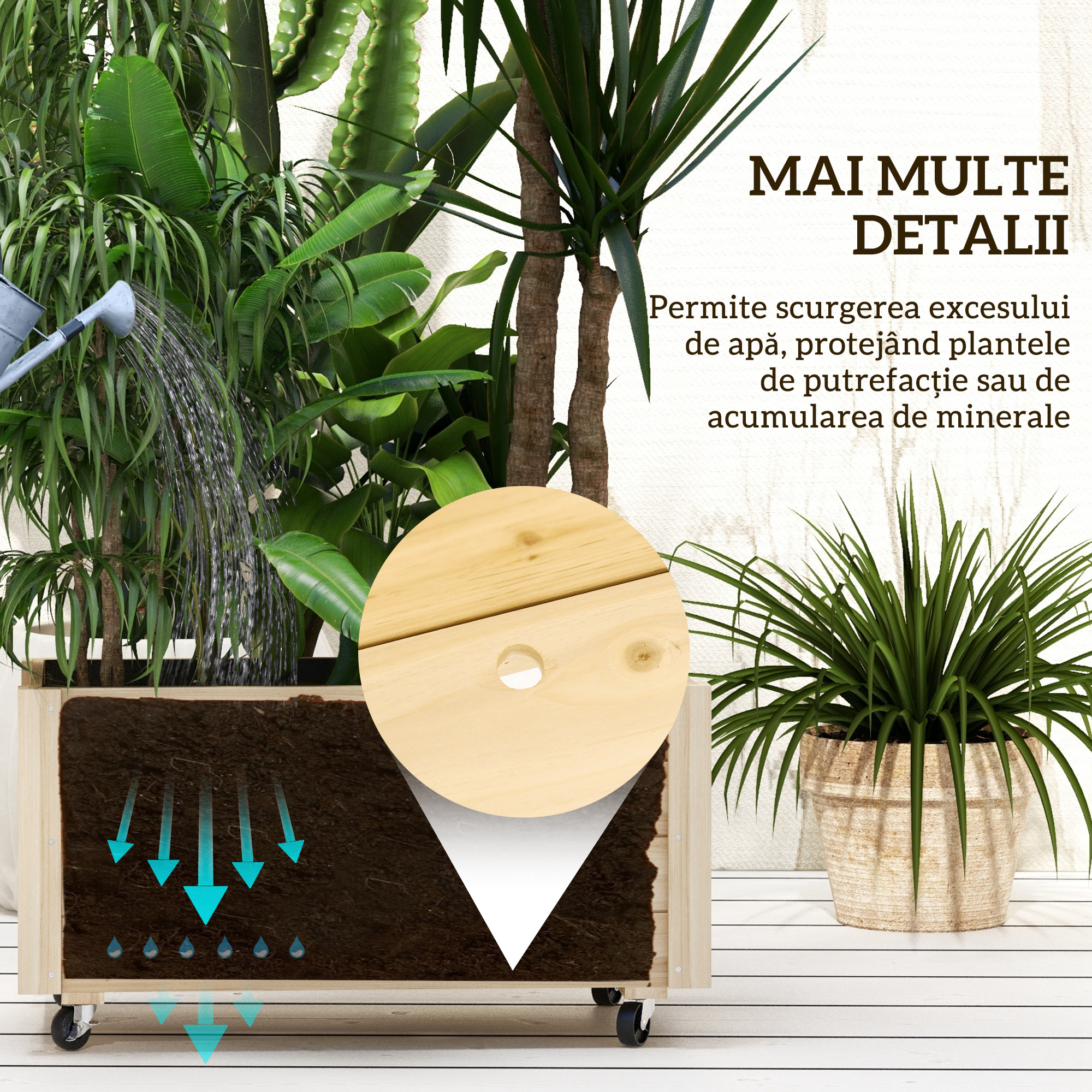  Jardiniera de gradina cu orificiu de drenaj si roti, din lemn de brad, 89x48x47 cm [5]