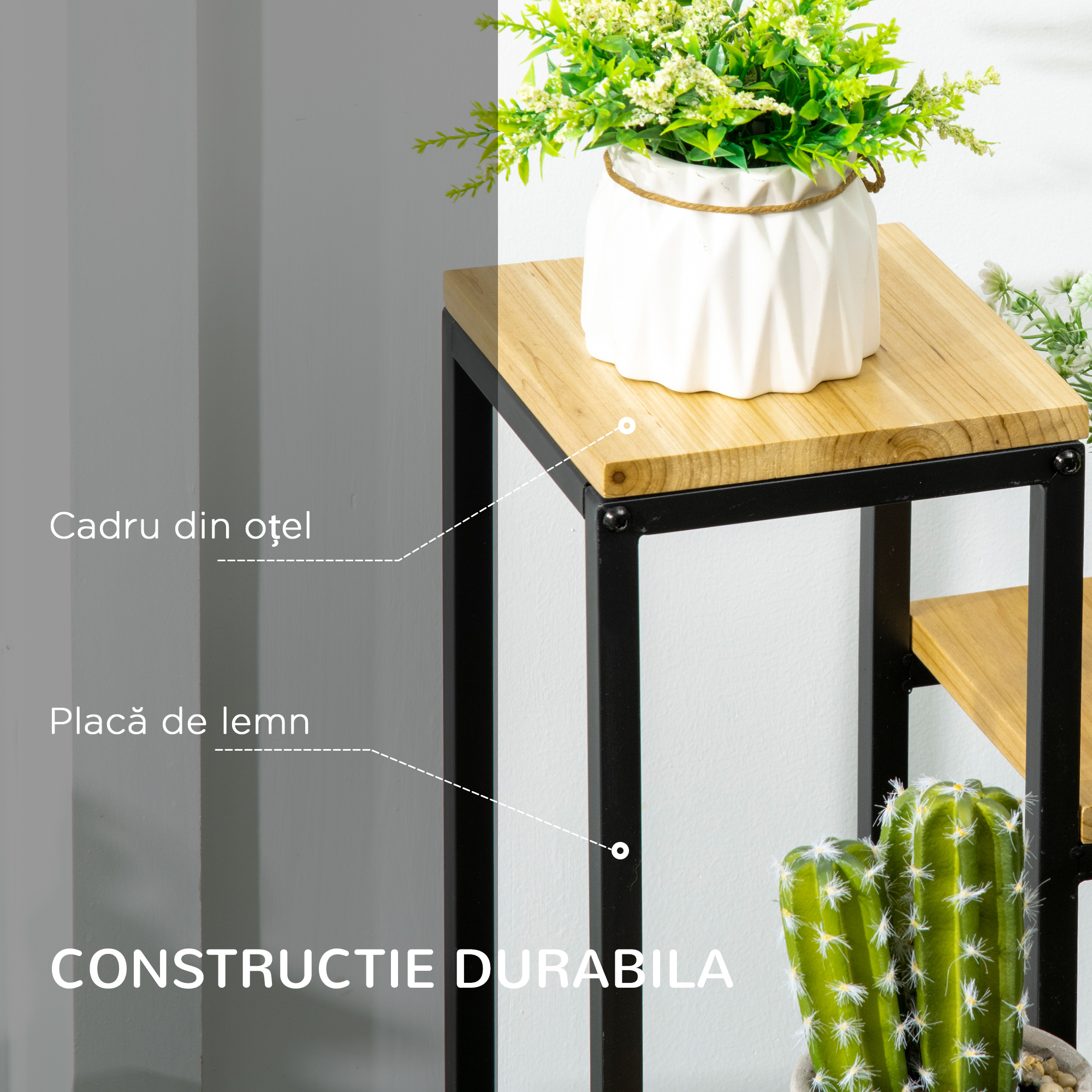  Raft pentru Plante cu 4 niveluri din Metal si Lemn de Brad pentru Interior si Exterior, 34x34x66 cm, Natural [4]