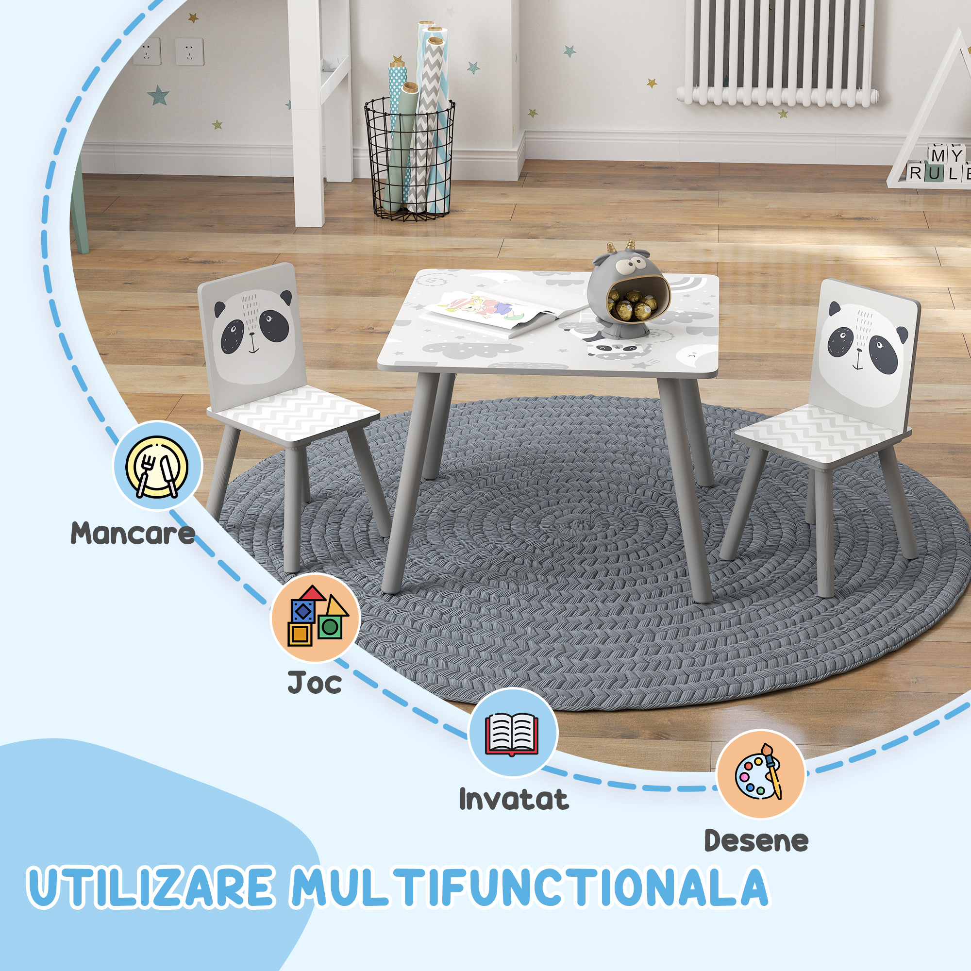  Set Masa si 2 Scaune pentru Copii de 3-8 Ani cu Desene de Animale, 60x60x44 cm, Gri [3]