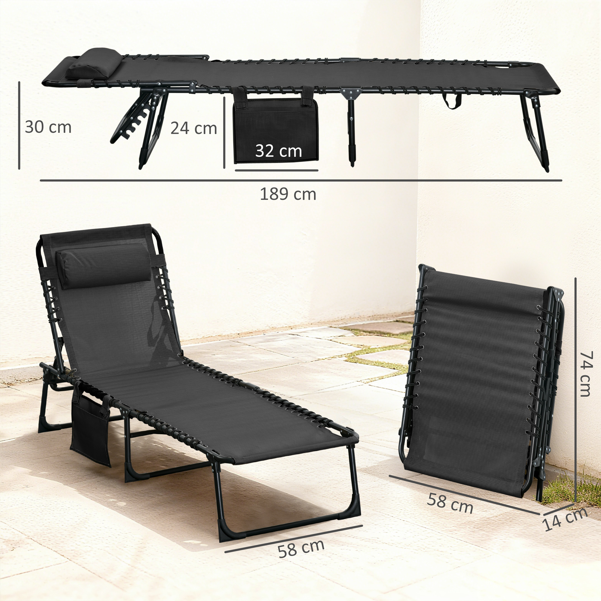  Portable Sun Lounger, Folding Chaise Recliner, 5-Position Adjustable Cot, Black [2]