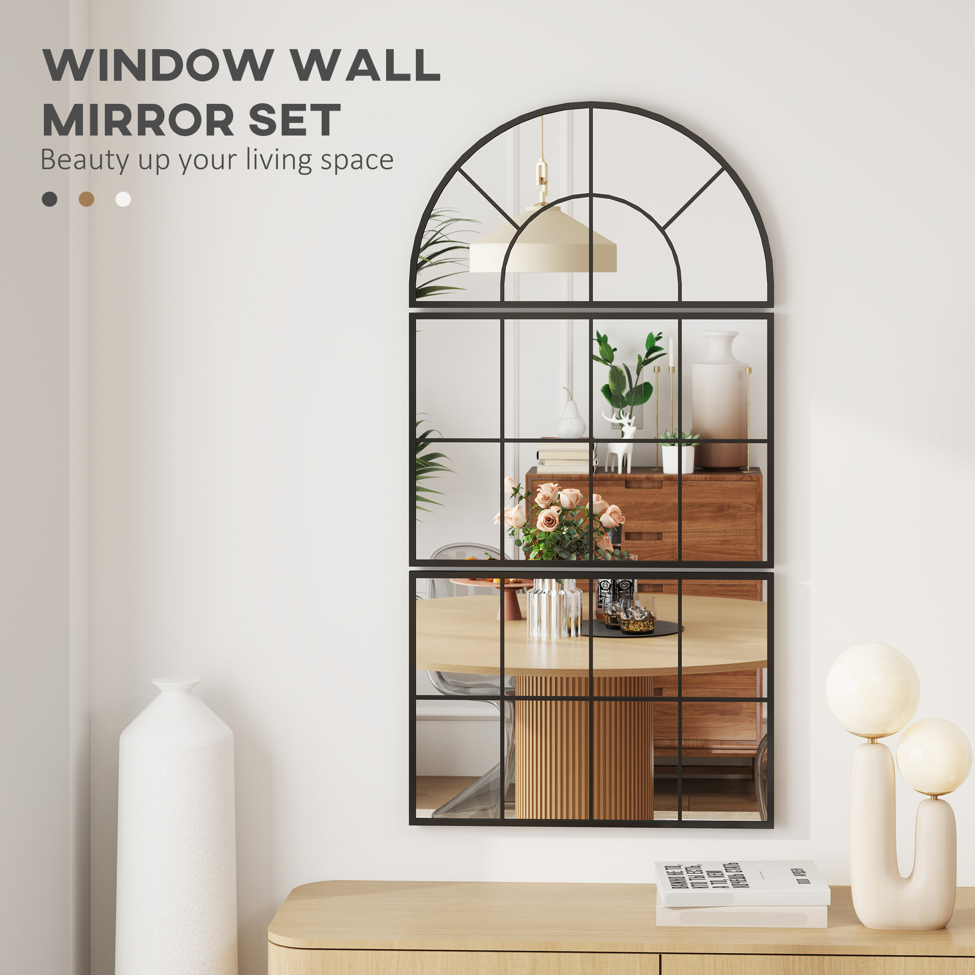  Oglinda de Perete Arcuita in Forma de Fereastra pentru Hol si Sufragerie cu 3 Agatatori, 76x43 cm, Negru [3]