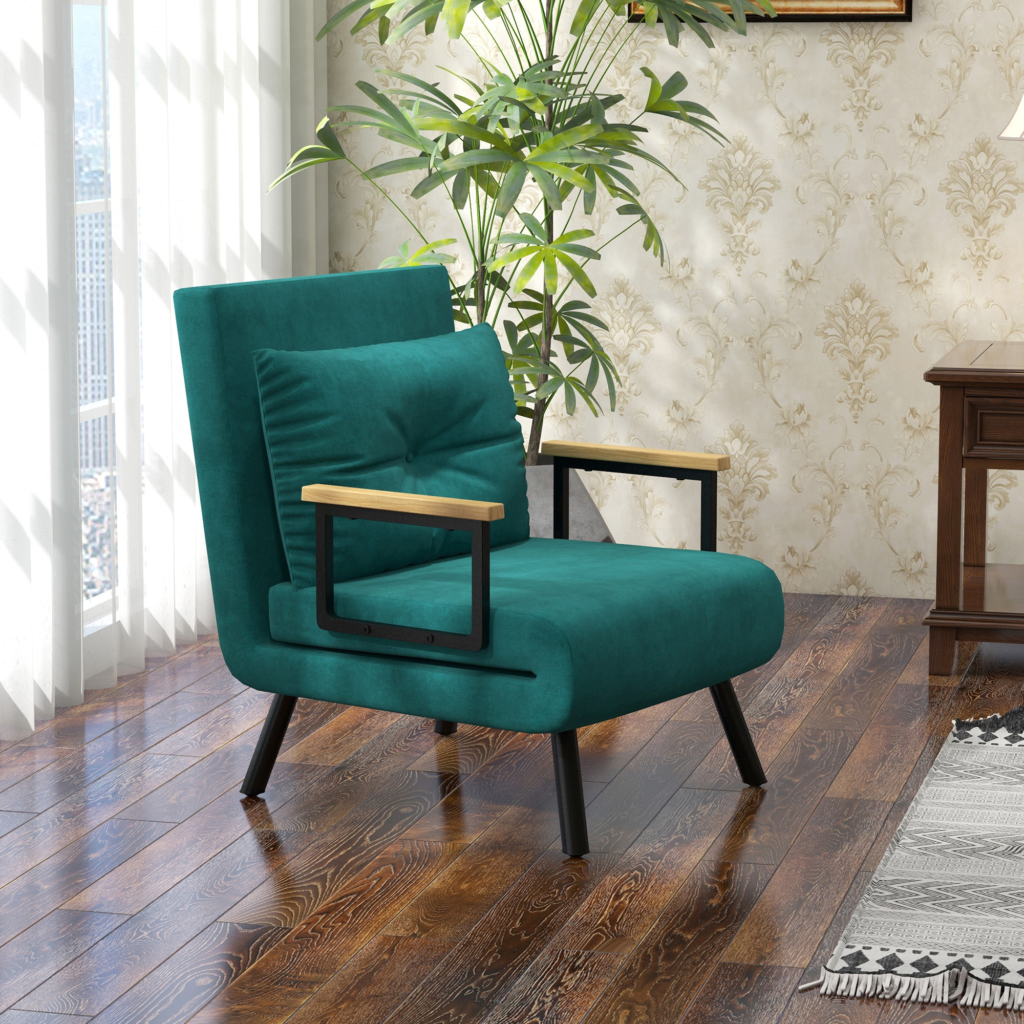  Fotoliu Pat 3 in 1 cu Spatar Reglabil in 5 Pozitii si Perna, 63x73x81 cm, Verde [1]