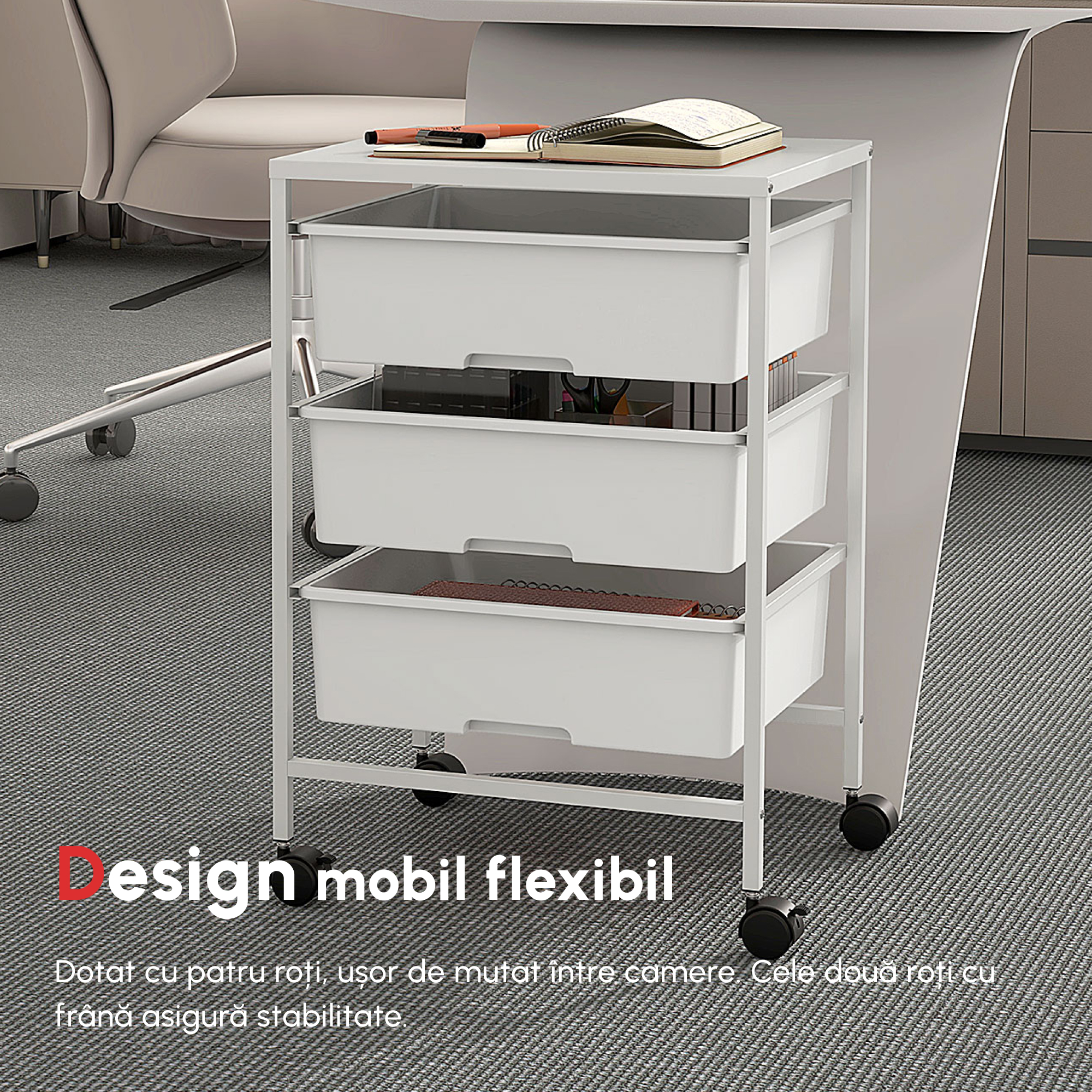  Carucior Multifunctional cu 3 Cosuri si Roti, Carucior pentru Bucatarie si Birou din Otel si Plastic, 40.8x33.5x60.5 cm, Alb [6]