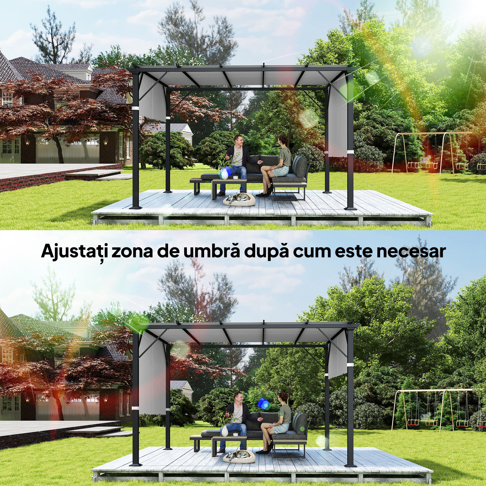  Prelata Pergola Foisor 3x3 m cu Buzunare si Curele pentru Bare, din Poliester, 488x122 cm, Gri Deschis [6]