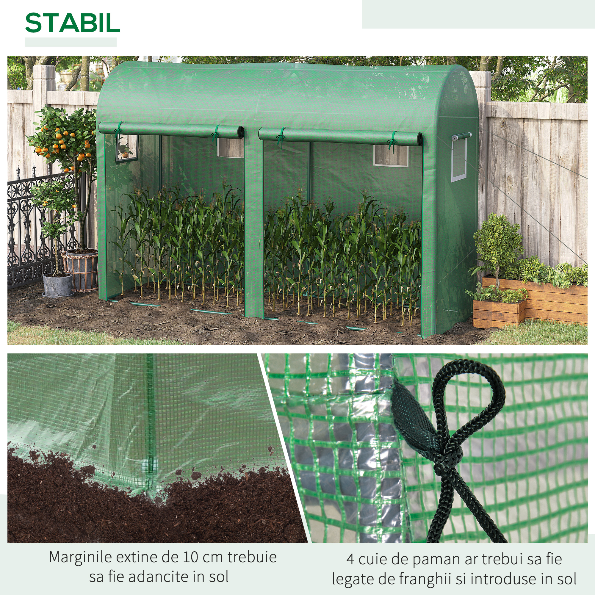  Sera Tunel cu 2 Usi si 4 Ferestre, Cadru din Otel, Acoperire din PE, Verde, 300x100x200 cm [4]