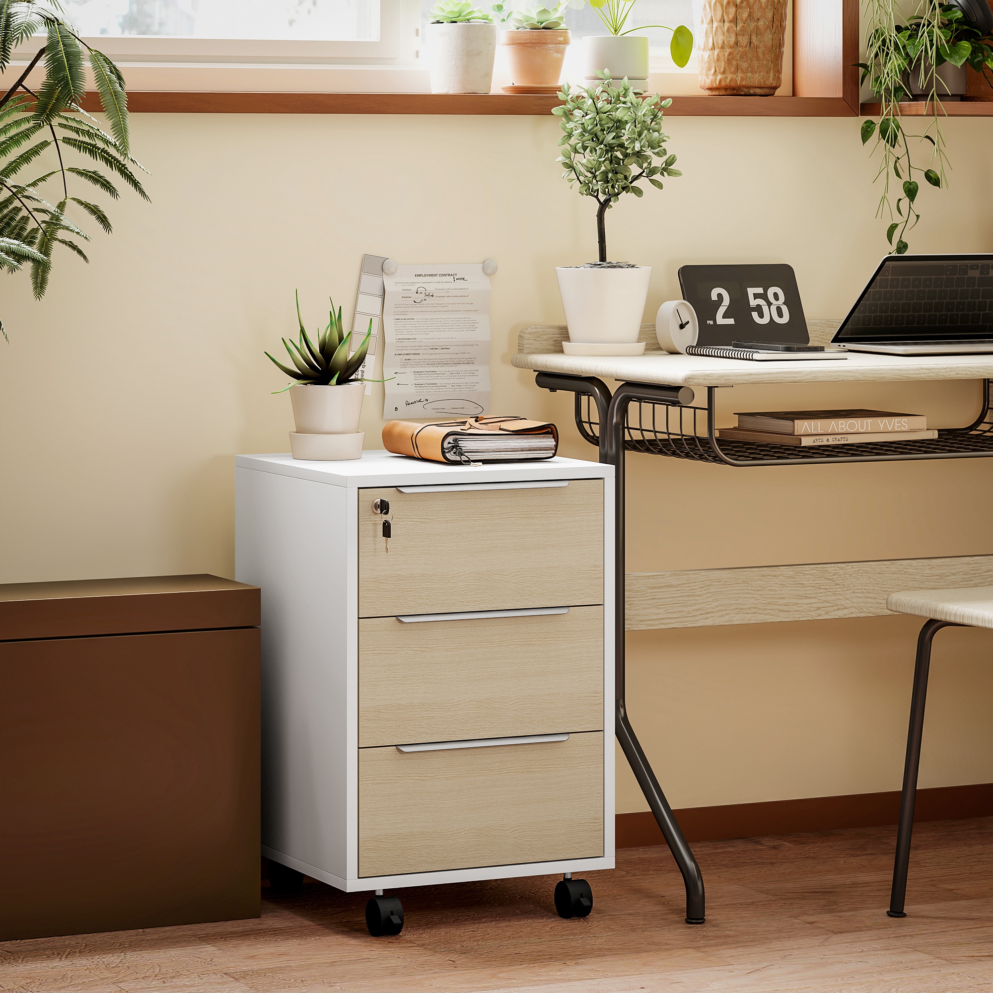  Dulap de Birou cu 3 Sertare, 4 Roti, Comoda de Birou cu Sistem de Blocare si 2 Chei, Alb si Stejar [1]