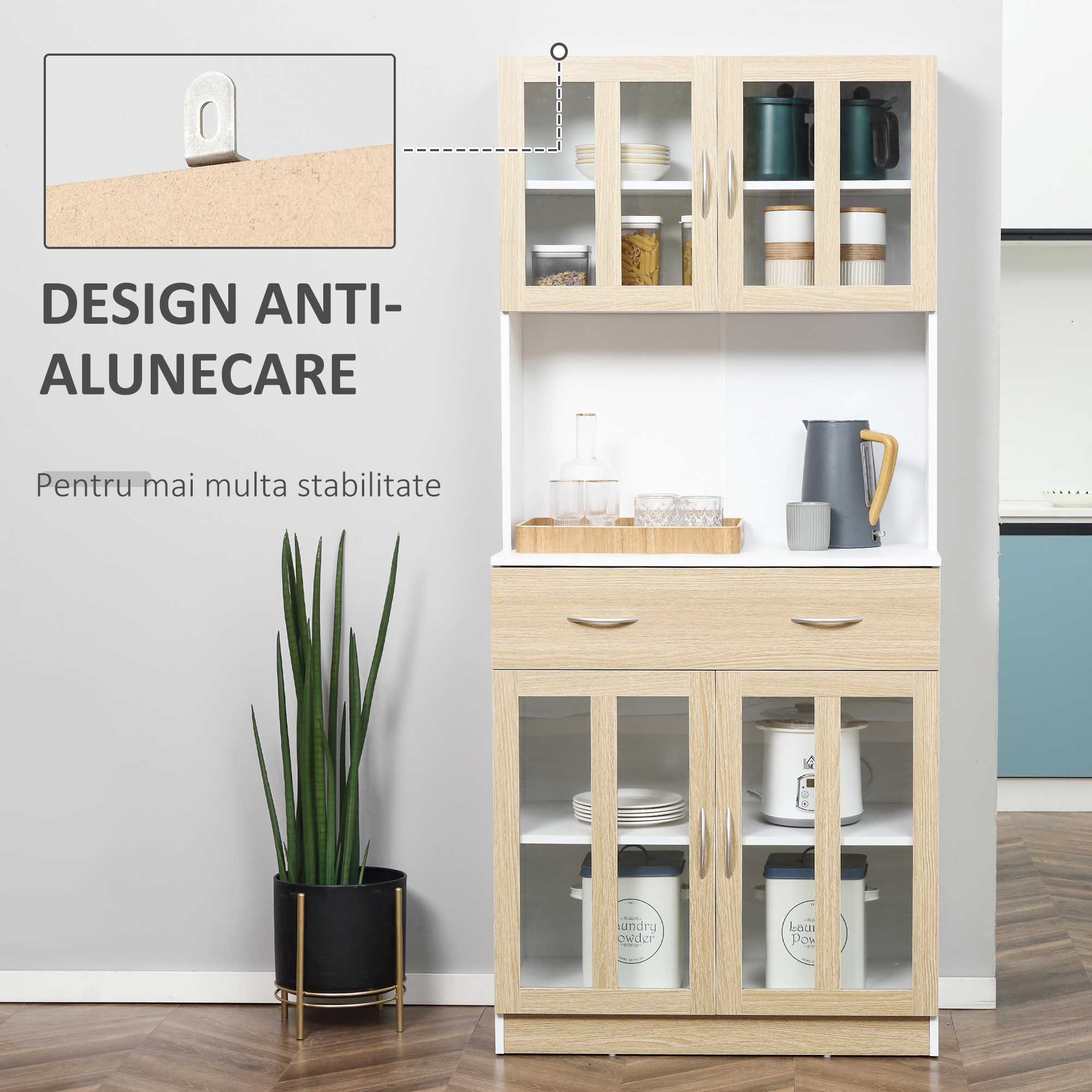  Credenta Lemn Bucatarie cu Sertare & Usi Sticla, 80×40×180 cm [6]