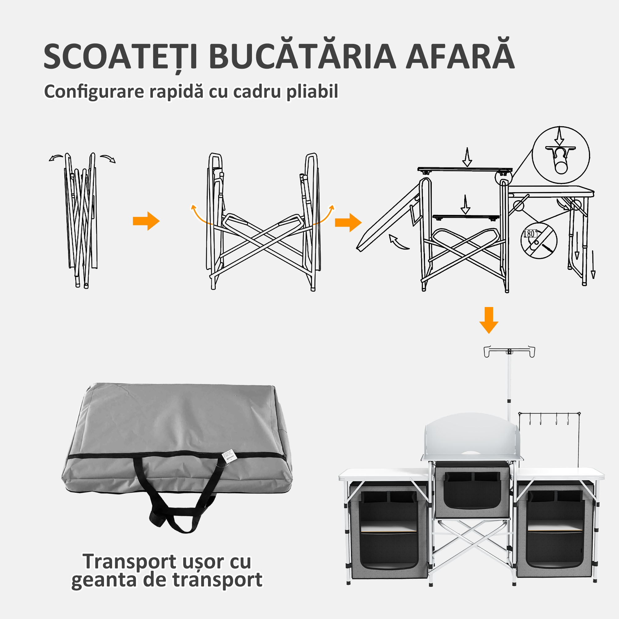  Bucatarie de Camping Pliabila cu 3 Niveluri, 5 Rafturi Interioare si 4 Carlige, 172x48x119 cm, Gri si Argintiu [5]