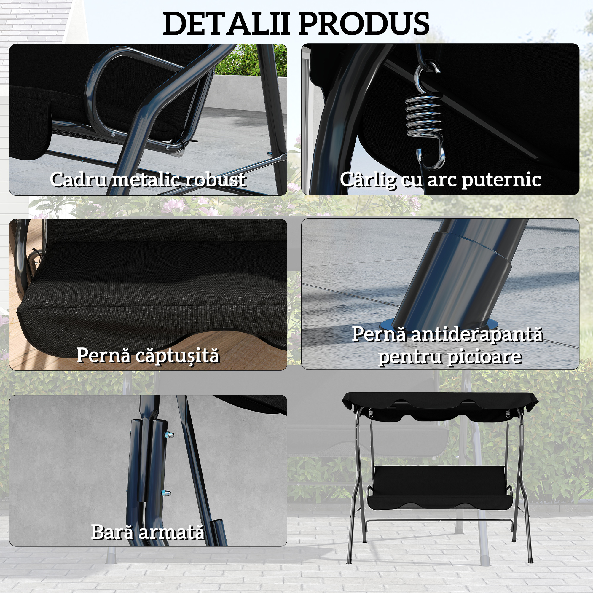  Leagan pentru 3 persoane cu copertina reglabila si perne, din otel si poliester, 170x110x153 cm, negru [4]