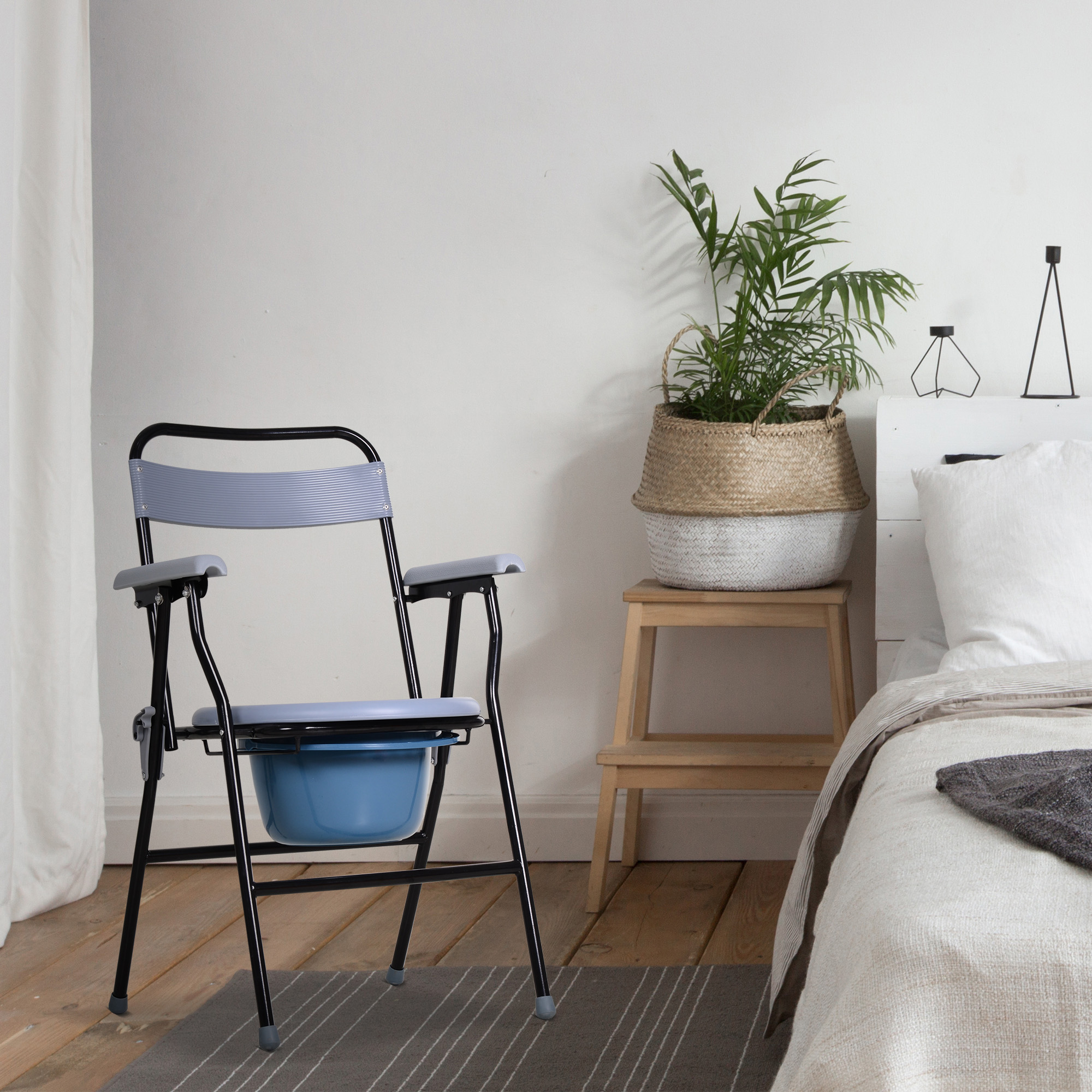  Scaun de Toaleta Pliabil cu Galeata Detasabila pentru Varstnici si Persoane cu Dizabilitati, 52x50x75 cm, Negru [1]