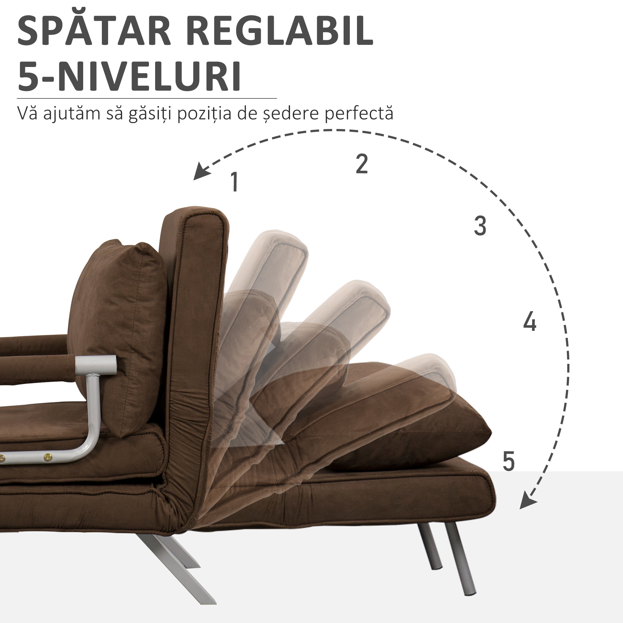  Fotoliu Pat Individual 3 in 1 cu Spatar Reglabil pe 5 Nivele si Perna, 65x69x80 cm, Maro [3]