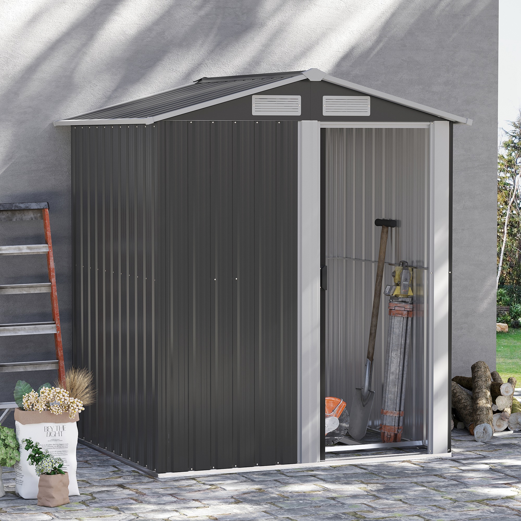  Magazie de Gradina Cutie Scule din Otel, Acoperis Inclinat si 4 Prize de Aer, 152x132x188cm [1]