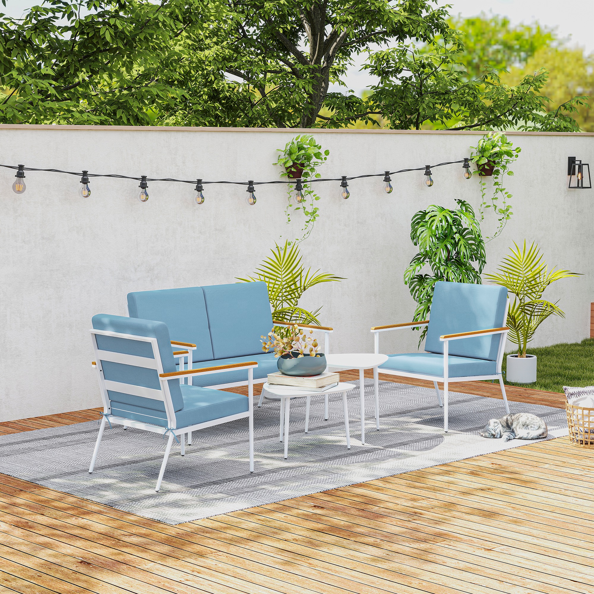  Set de Exterior cu Canapea de 2 Locuri, 2 Fotolii si 2 Masute de Cafea cu Blat din Sticla, Albastru [8]