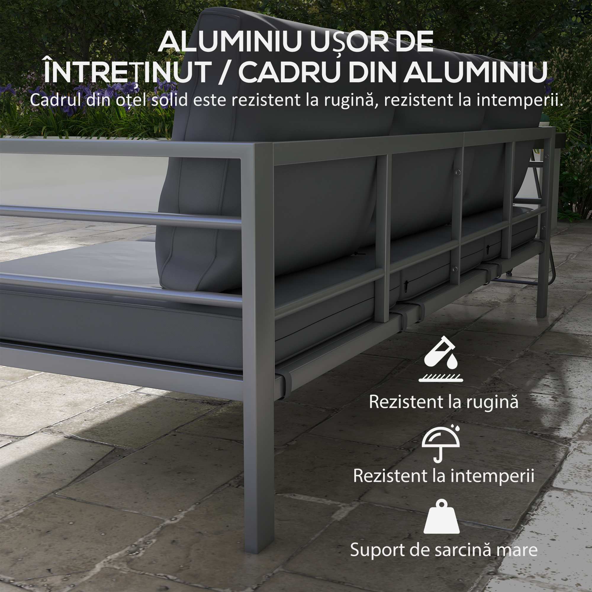  Canapea de gradina cu 3 locuri, cu perne pentru sezut si spatar, din aluminiu, 185x66x64 cm, gri [3]