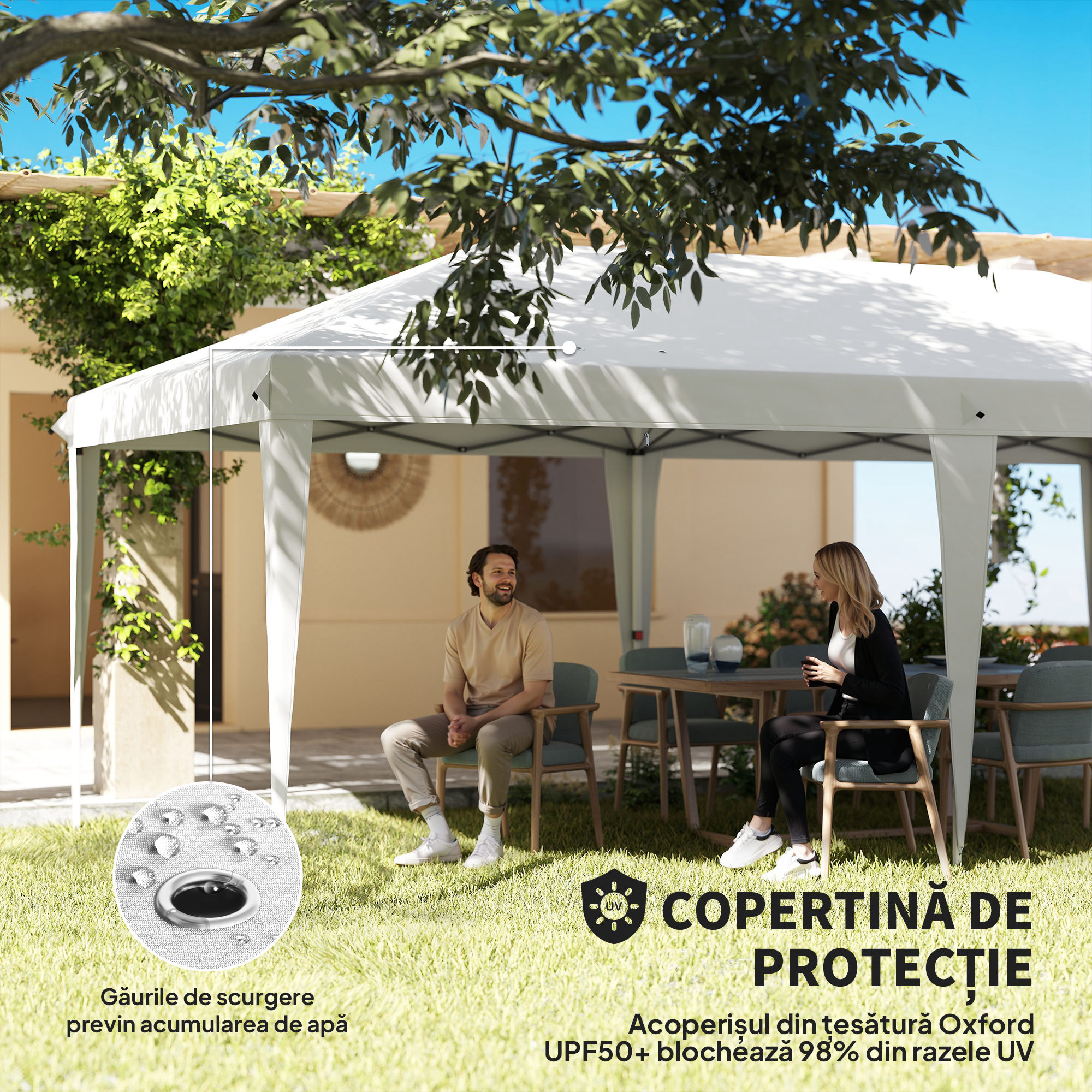  Pavilion 6x3 m pliabil de gradina cu 6 pereti laterali din otel si material Oxford, cu franghii si tarusi, alb [5]