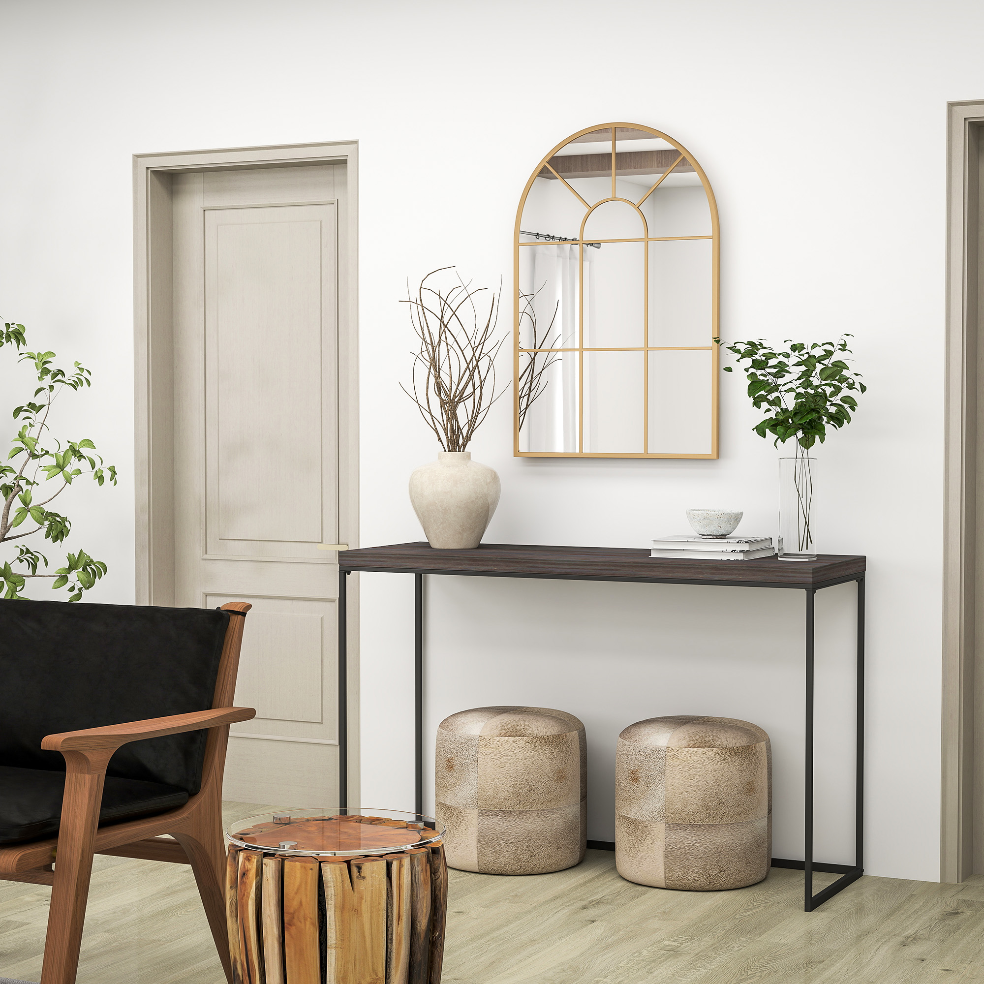  Oglinda de Perete Moderna in Forma de Arc cu Rama si Carlige, pentru Sufragerie si Hol, 91x60 cm, Auriu [4]