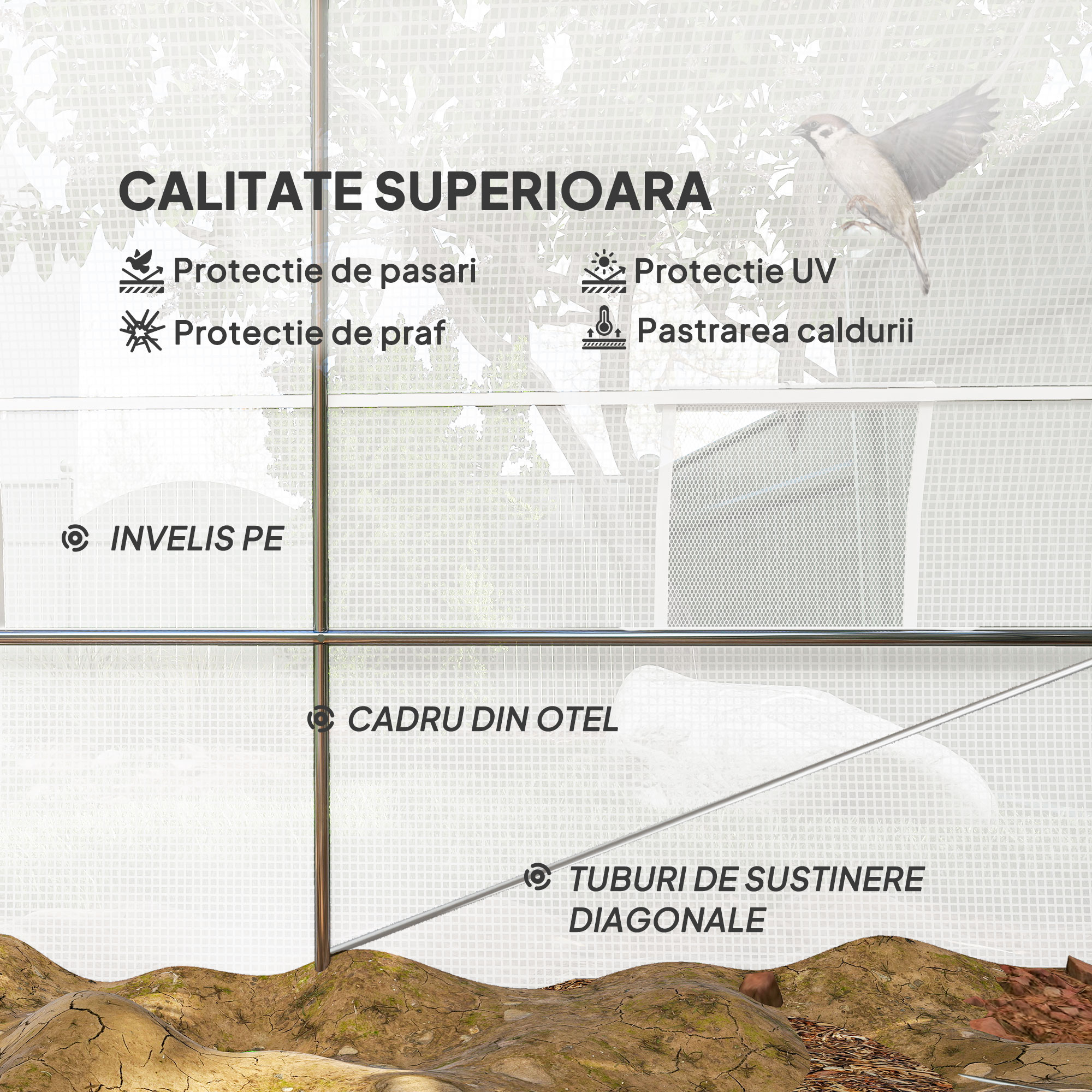  Sera Tip Tunel 8x3x2 m cu invelis din Plastic si Otel Ranforsat, Alb [3]