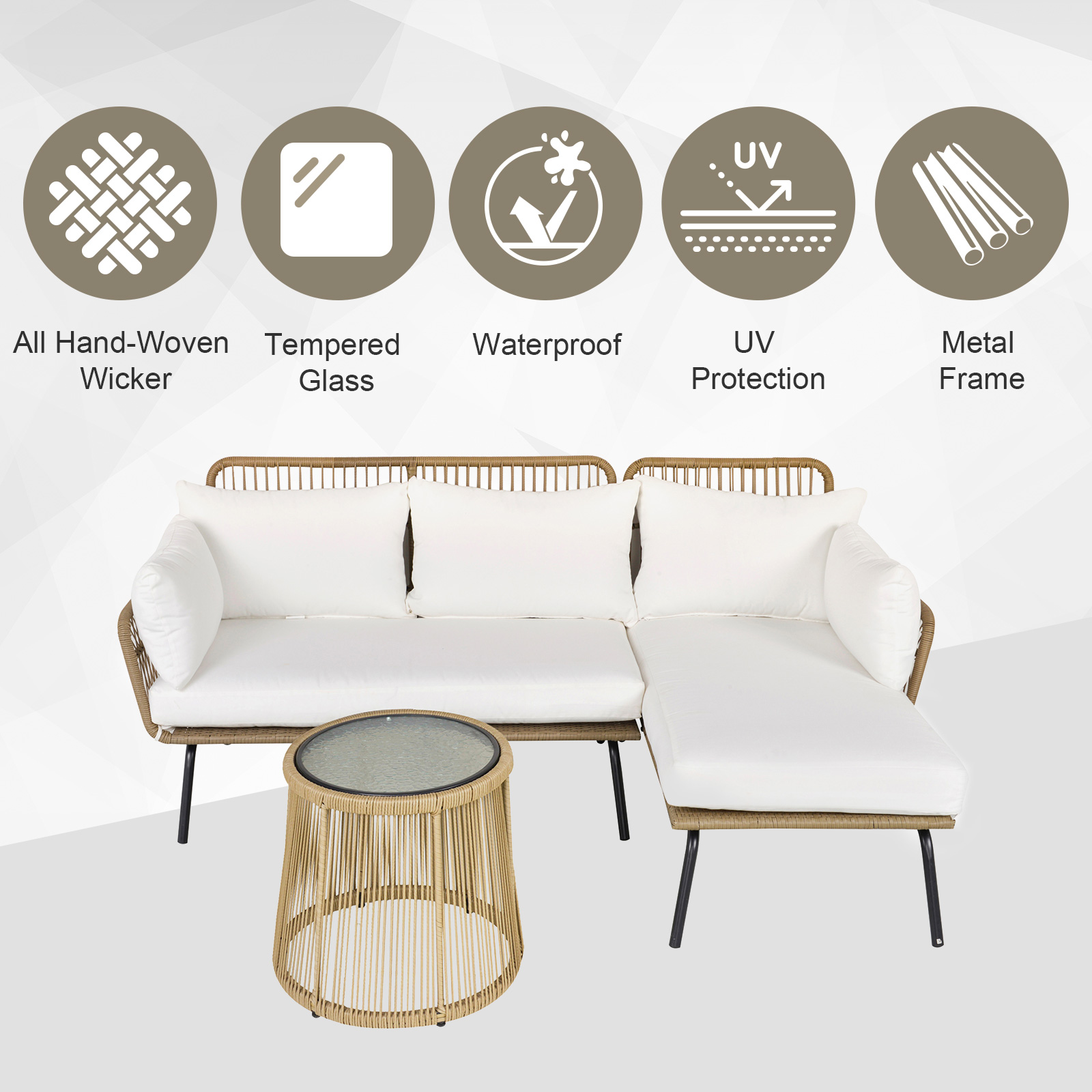  Set 3 Piesei Canapea 2 Locuri Sezlong si Masuta, Bej si Cafeniu [4]