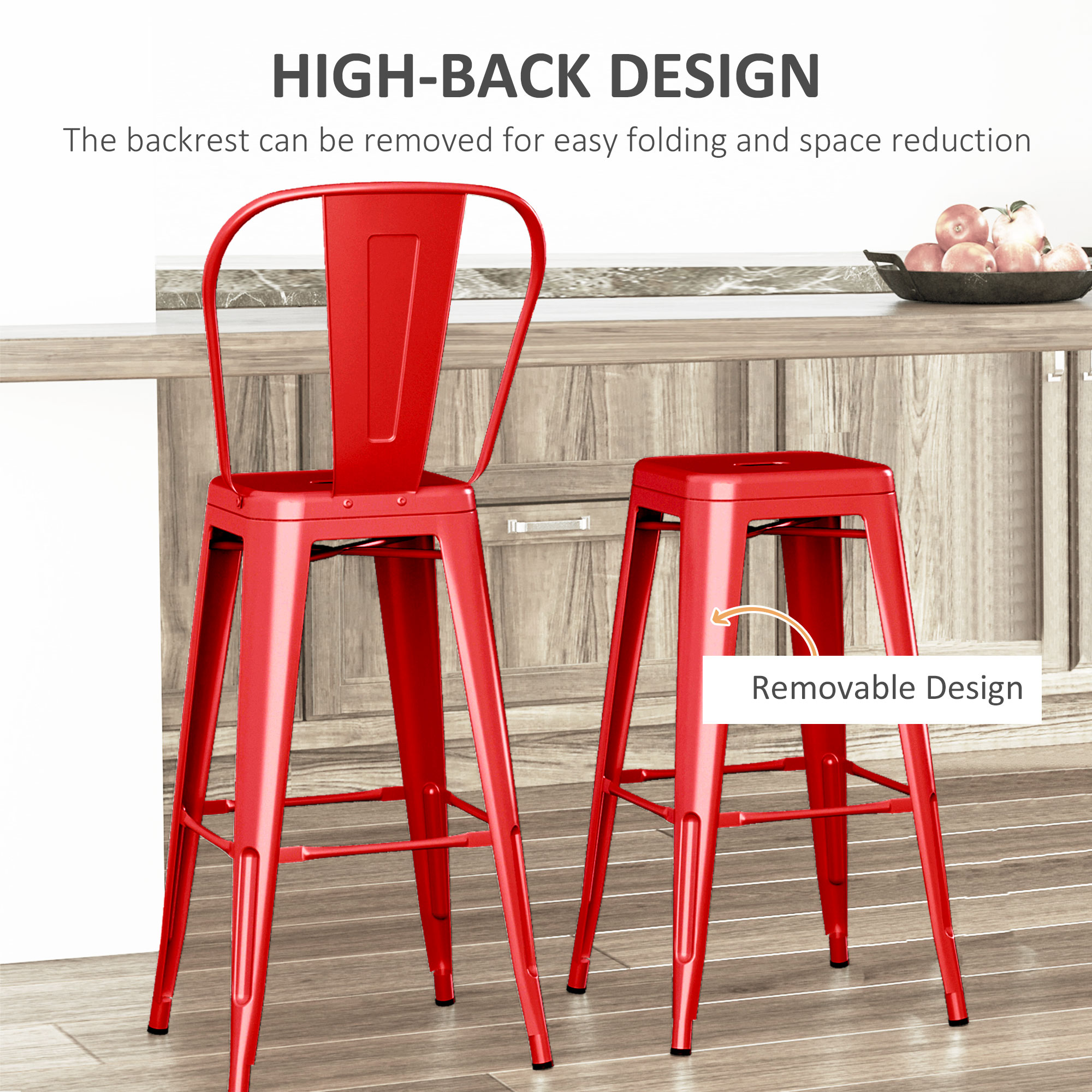  Set 2 Taburete de Bucatarie cu Spatar Detasabil si Reazem pentru Picioare, 44x49x116 cm, Rosu [3]