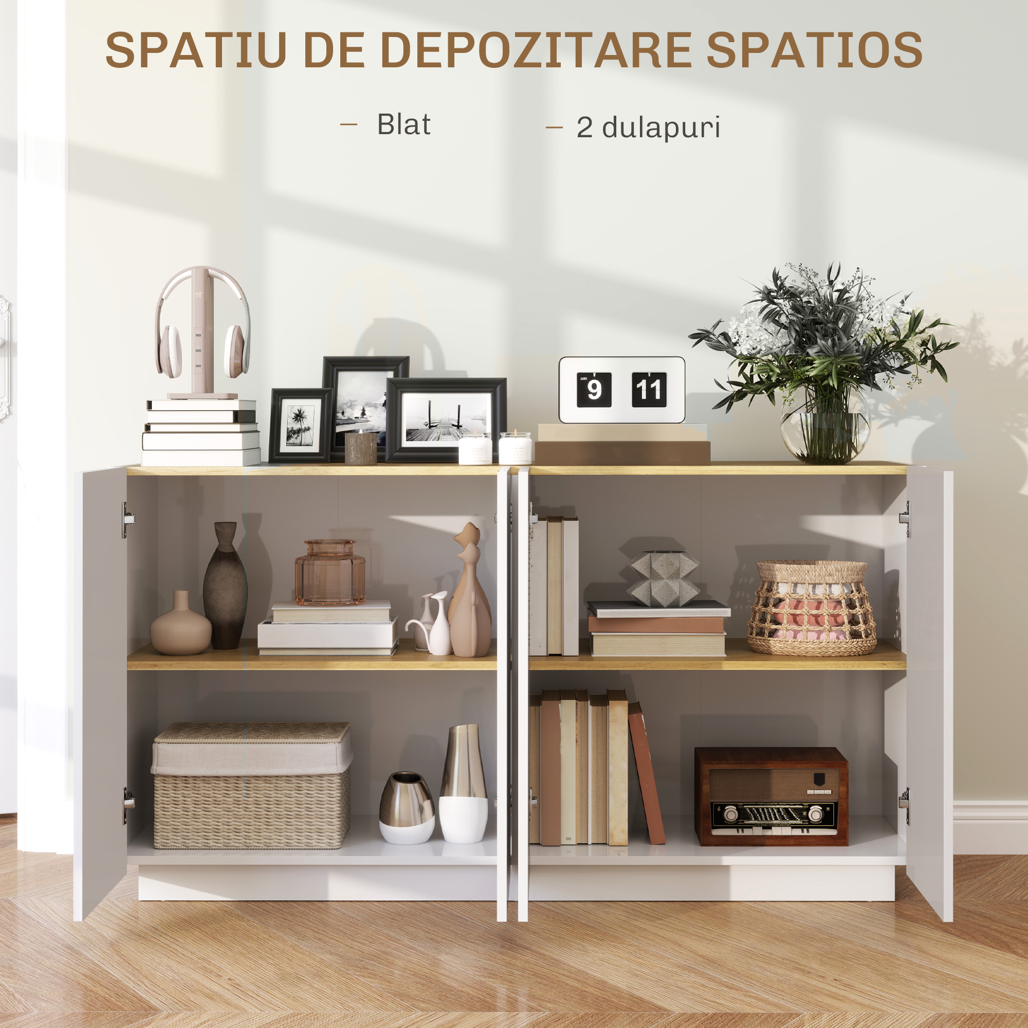  Bufet de Bucatarie cu Usi Amortizate si Rafturi Reglabile, pentru Sufragerie sau Living, 140x40x75 cm, Alb Lucios [3]