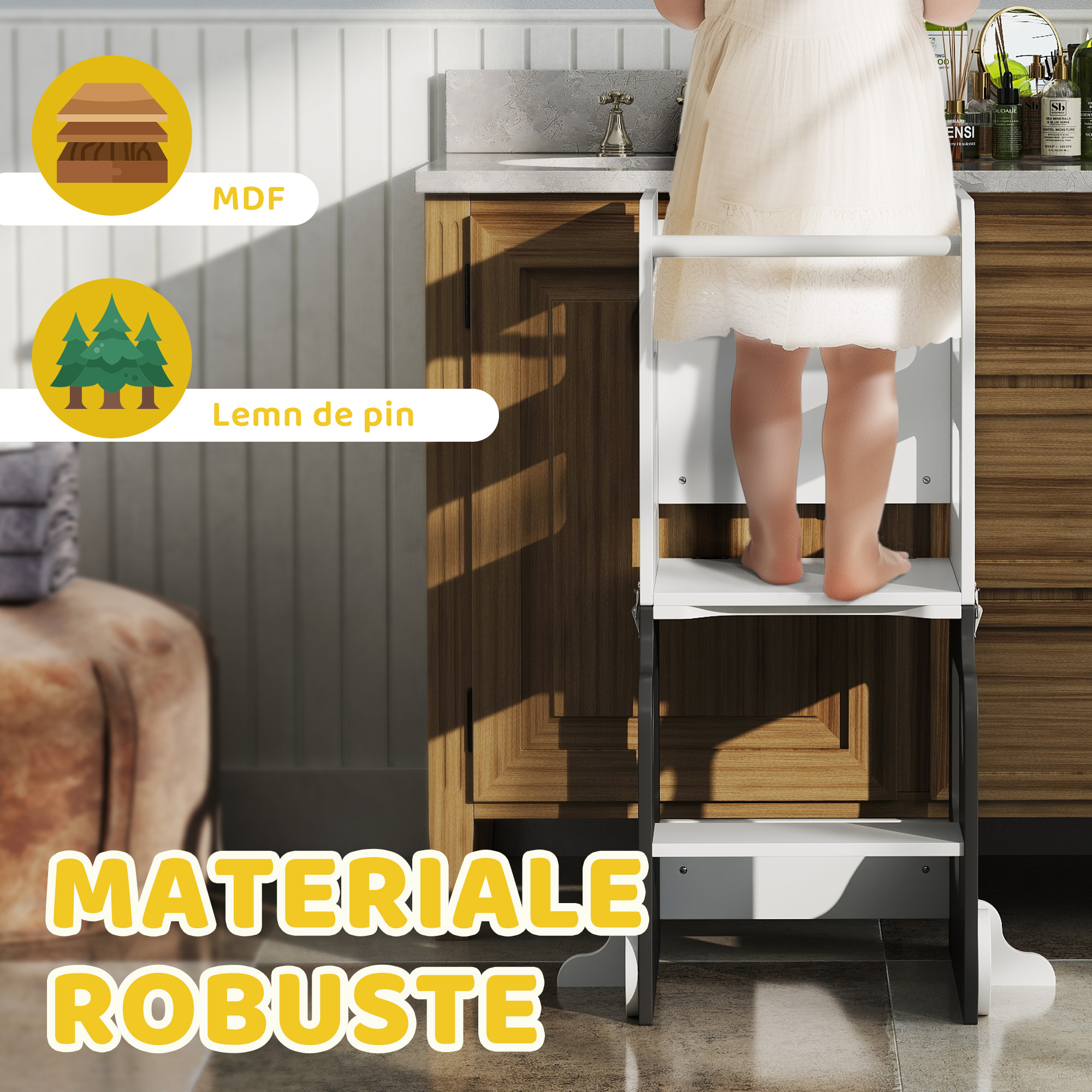  Scara Montessori 4 in 1 pentru Copii cu 2 Table si Set Masa si Scaun, din Lemn, 58x46x92 cm, Alb [5]