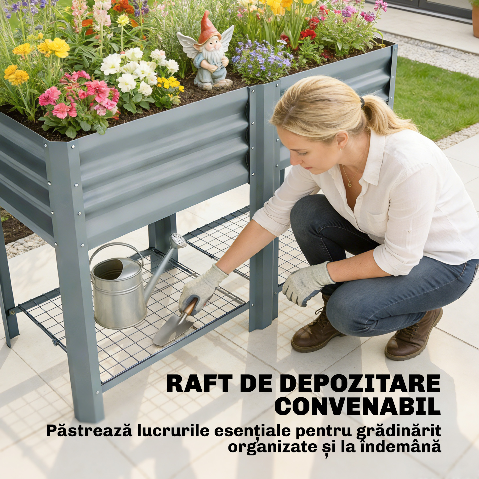  Jardiniera Ridicata cu Raft de Depozitare, 150L, Otel Galvanizat, inaltime 80 cm, pentru Gradina sau Terasa [6]