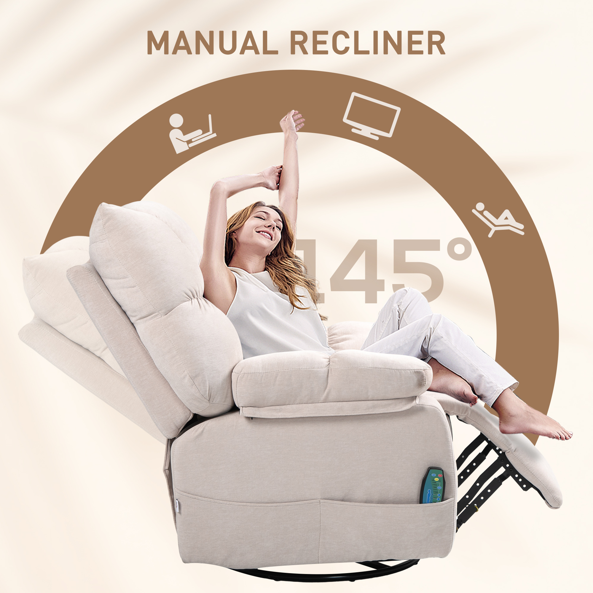  Fotoliu Reclinabil 145° cu Masaj si incalzire cu 5 Programe si 8 Puncte Vibrante, Buzunare de Depozitare, Bej [4]