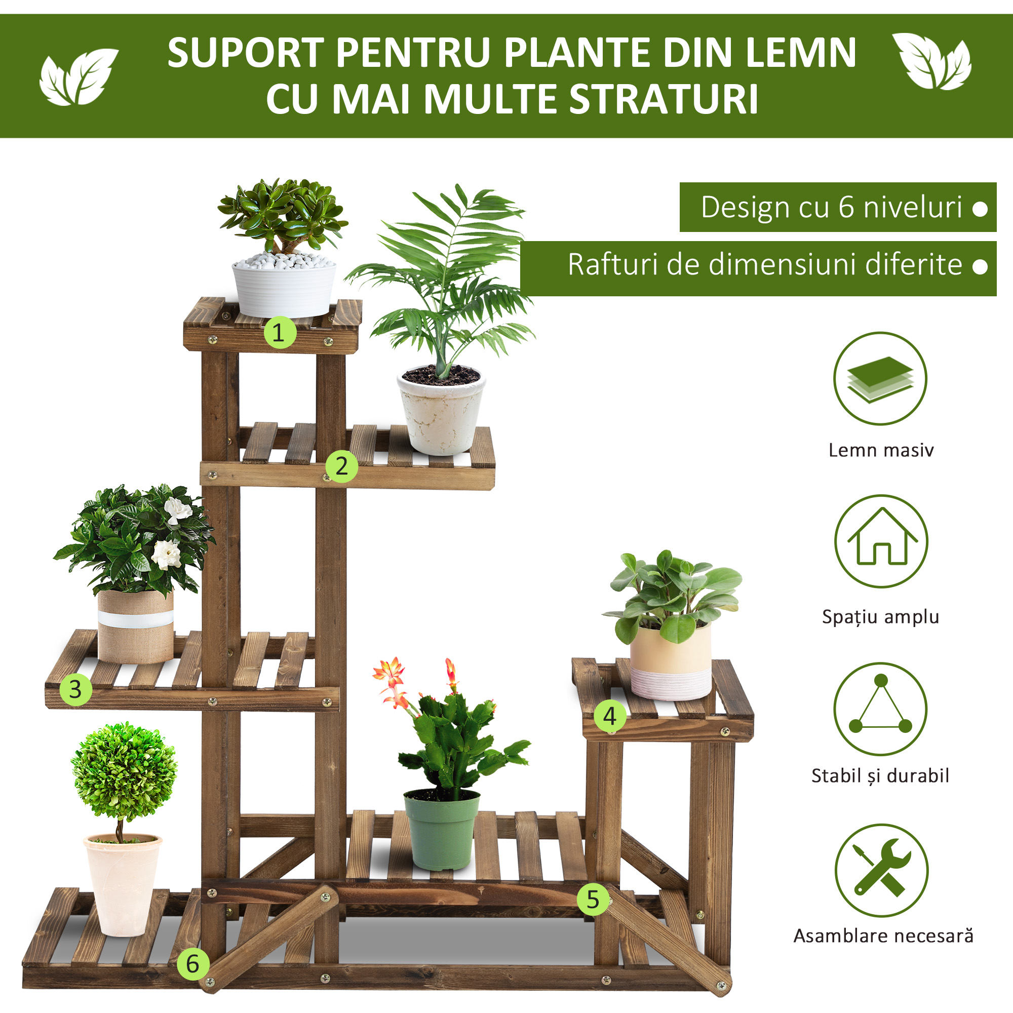  Etajera Suport Plante Asimetrica cu 6 Niveluri pentru Gradina si Casa, din Lemn, 95x28x96.5 cm [3]