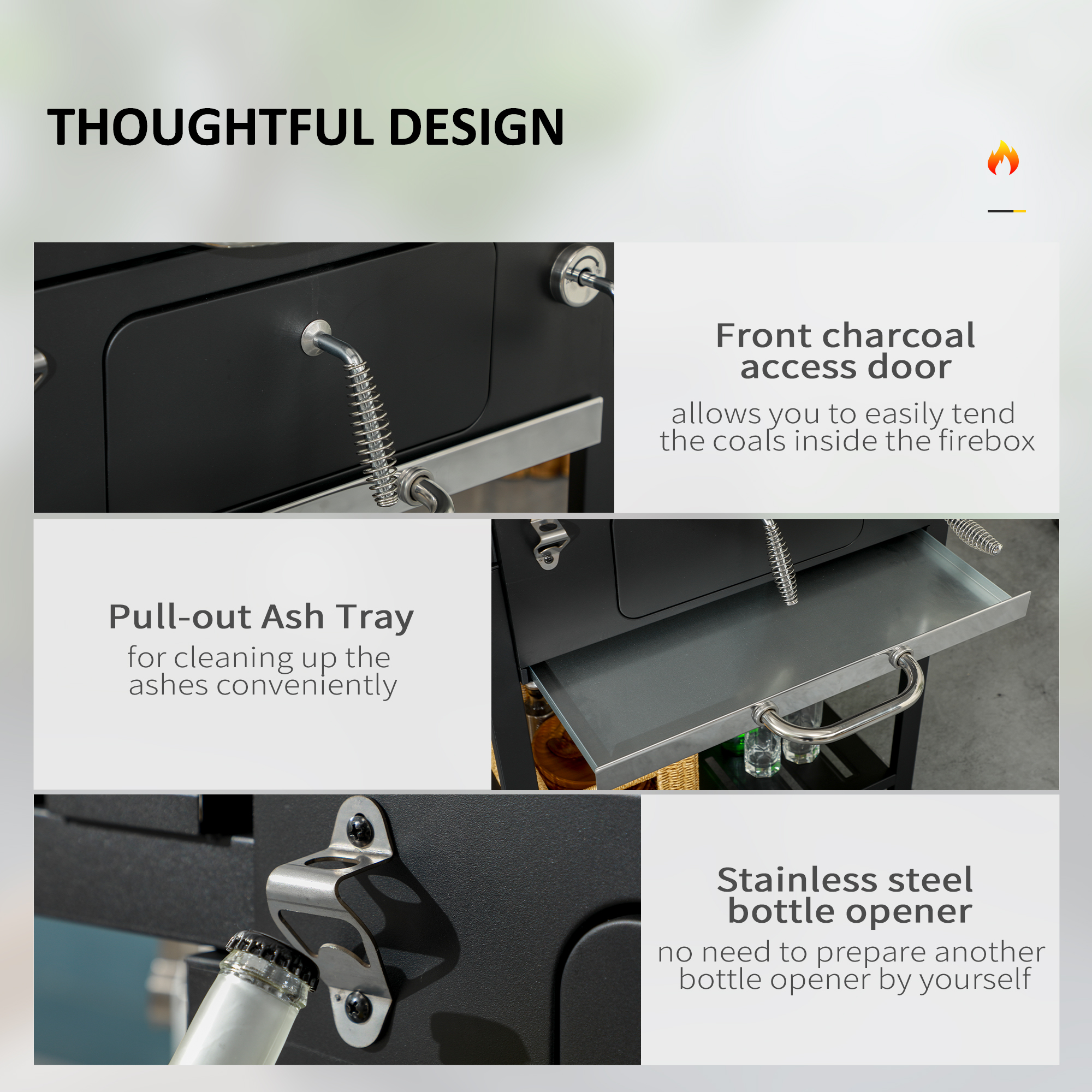  Gratar cu Tava de Carbune Reglabila, Grilaj de Gratar din Otel Galvanizat cu Rafturi de Depozitare, 120x64x114 cm, Negru [5]