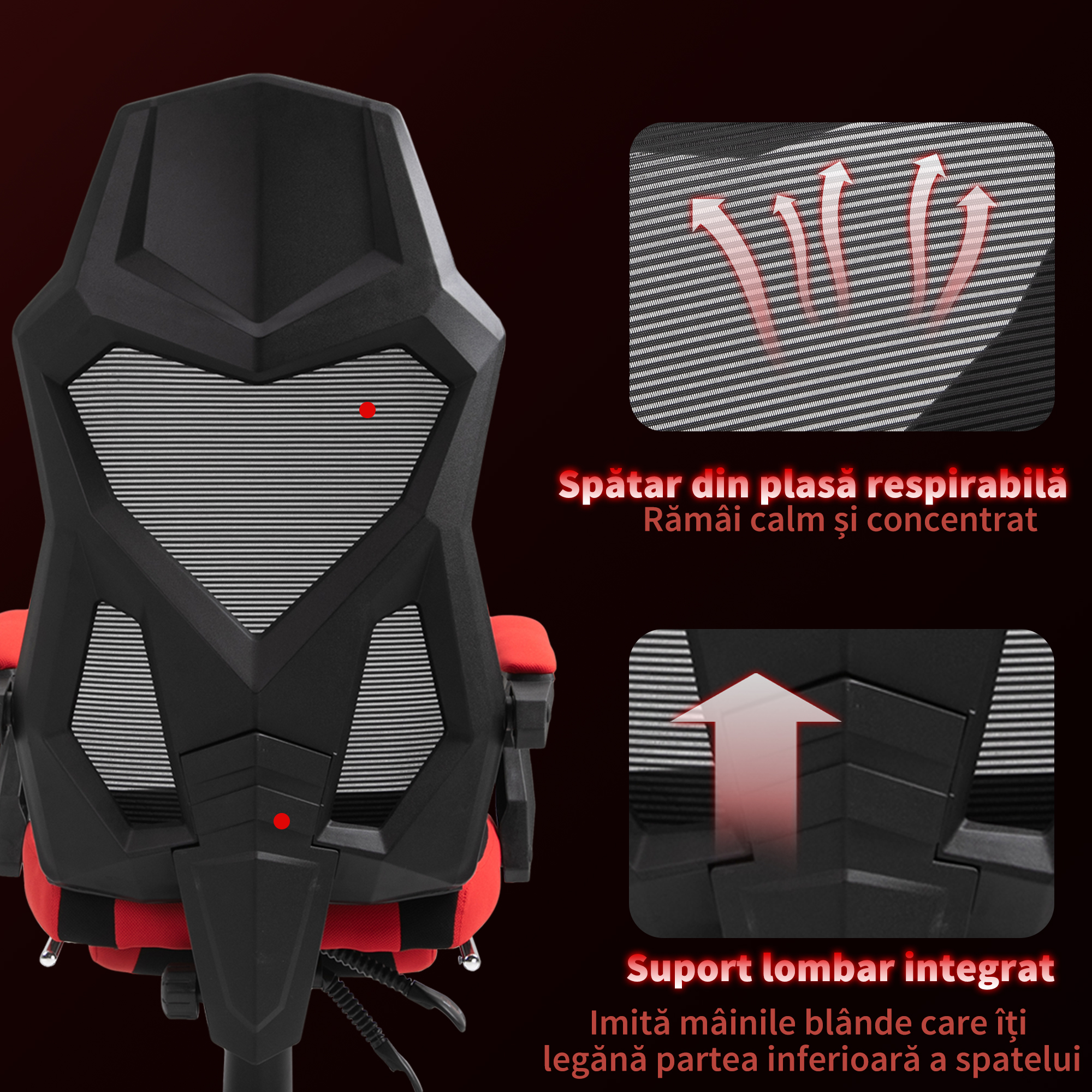 Scaun de Birou Ergonomic si Reclinabil  cu Suport pentru Picioare, din Material Textil Respirabil, 58x63x112-122 cm, Negru si Rosu [4]