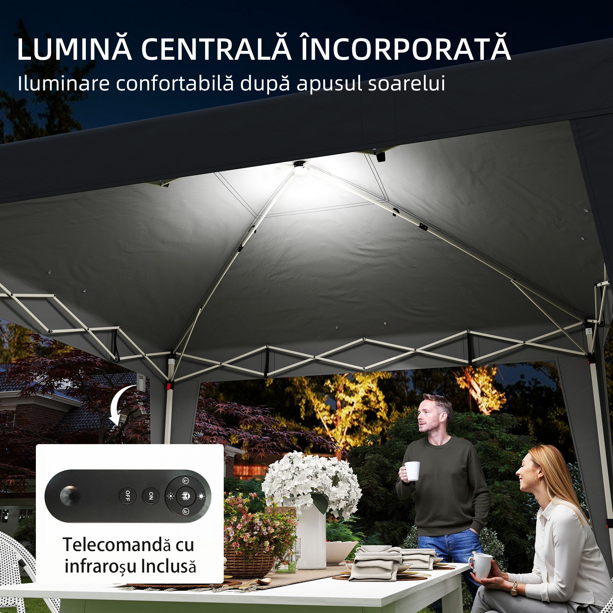  Gazebo 3x3 m Pliabil Pop Up cu inaltime Reglabila, UV50+, Gazebo de Gradina cu Lumina Centrala si USB, Telecomanda, Geanta de Transport, pentru Exterior, Camping, Petreceri, Negru [3]