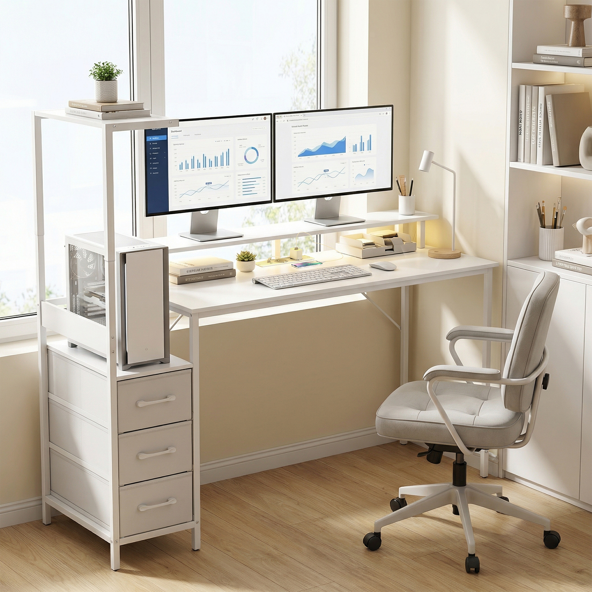  Birou Gaming cu Suport CPU Reglabil Reversibil si LED, 147x47 cm, Statie de incarcare, Suport Monitor, 3 Sertare din Material Textil, pentru Acasa, Birou sau Studio, Alb [8]