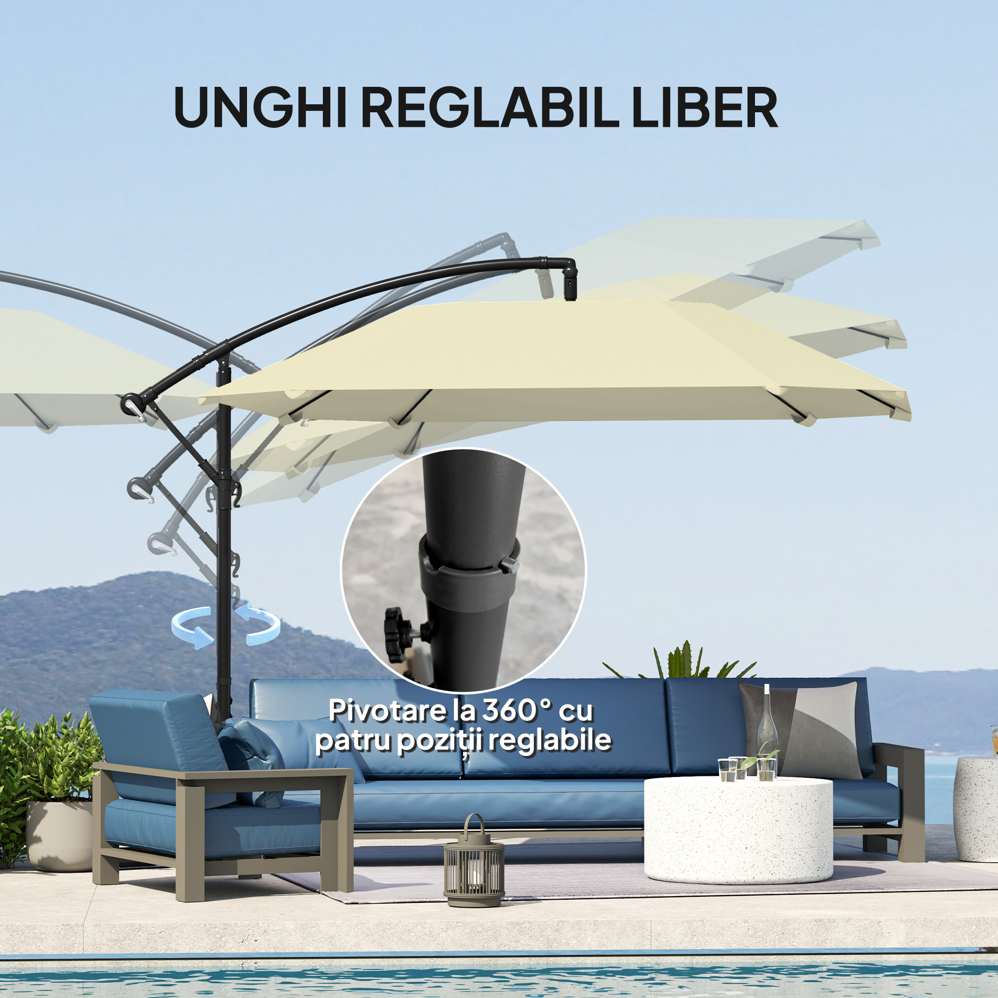  Umbrela de Soare Suspendata cu Baza in Cruce, Articulatie Tip Banana si Manivela, 304x260x245 cm, Alb Crem [4]