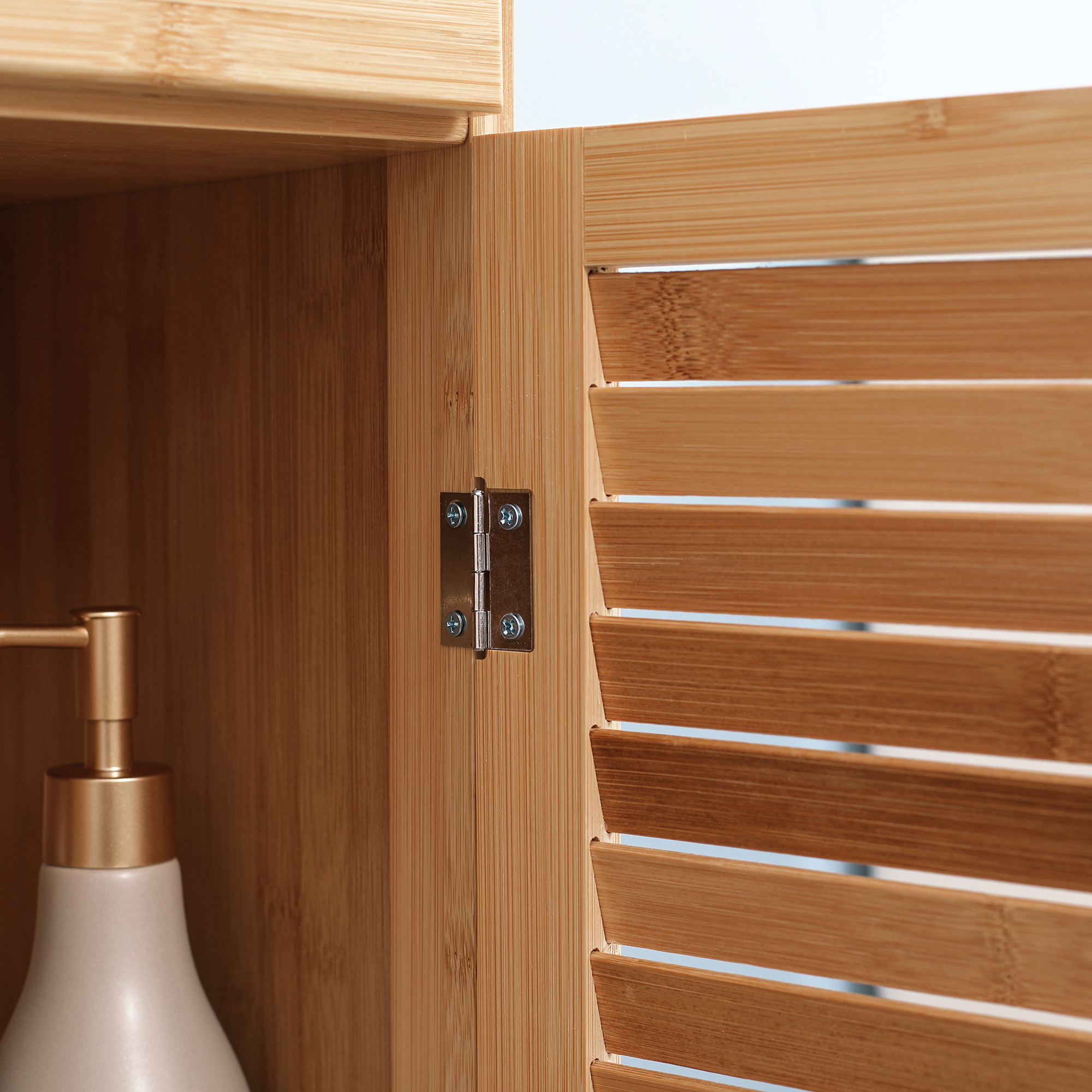  Dulap de depozitare pentru baie cu sertar si rafturi cu sipci, inalt, subtire, prosop de lenjerie de sine statator cu usa cu persiana, natural [6]