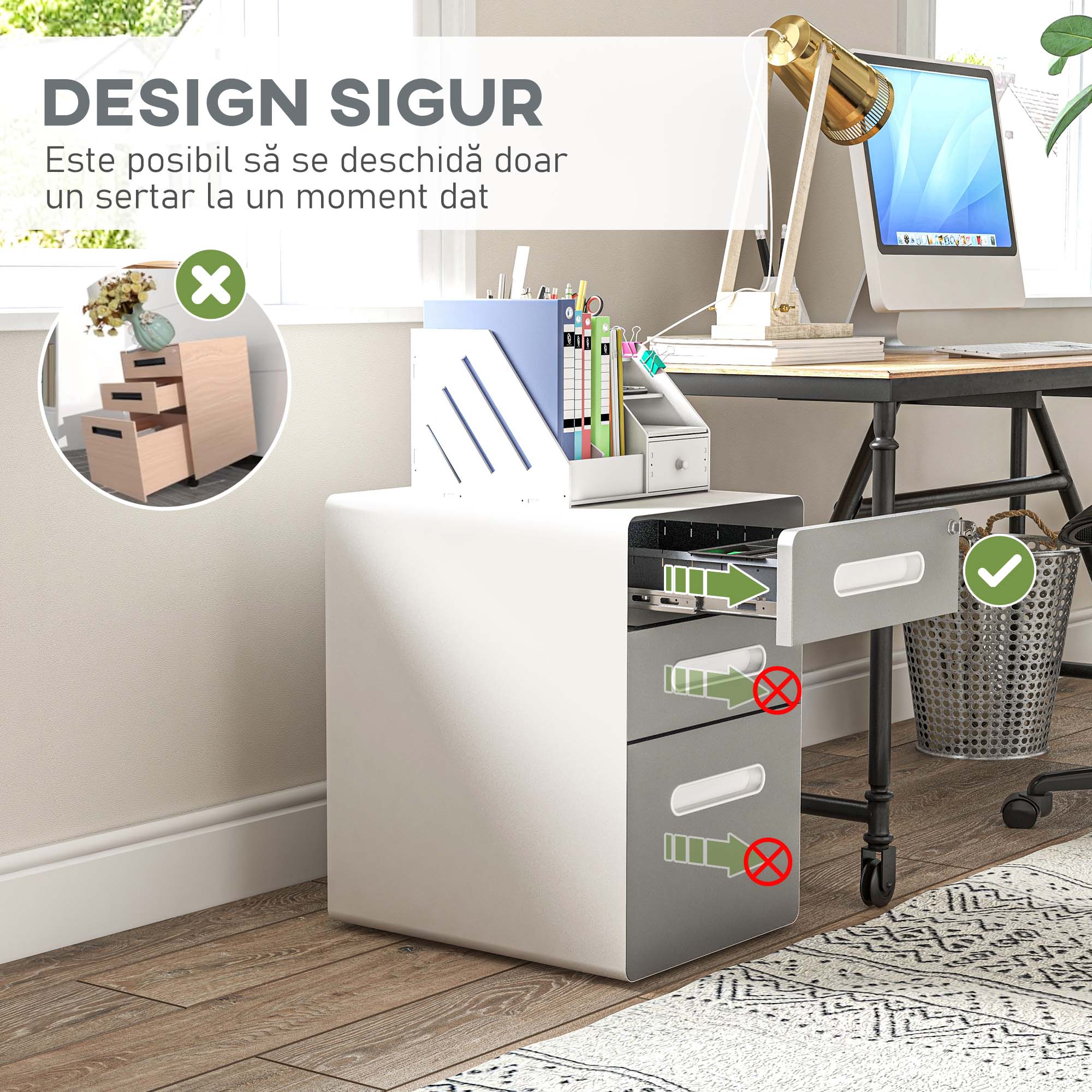  Comoda de Birou cu 3 Sertare cu incuietoare si Rotile pentru Documente, 39x48x59 cm, Gri Deschis [7]