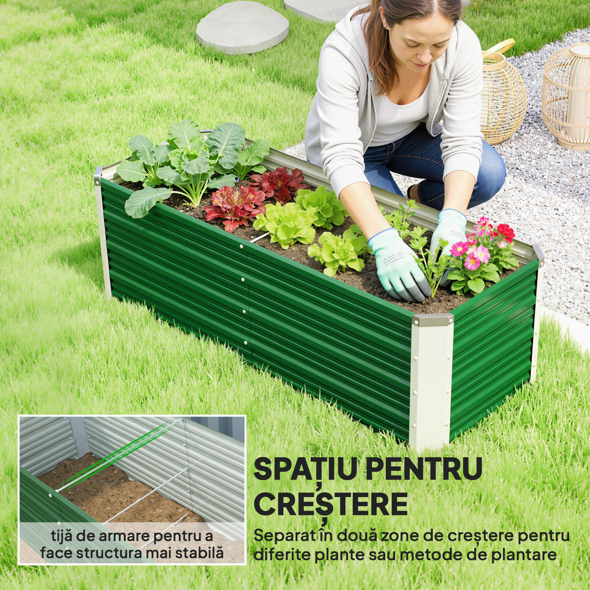  Jardiniera de gradina fara baza, cu 2 zone de cultivare, din otel, 125x47x40 cm, verde [3]